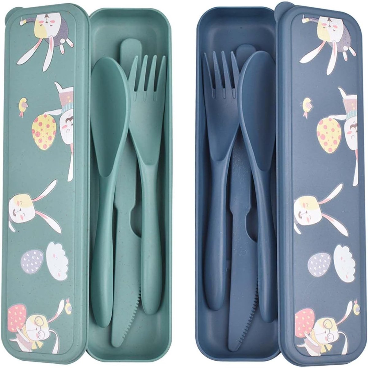 Grote Herbruikbare Bestekset met Etui - Schattig Konijnenpatroon, Ideaal voor Kamperen, Picknicken en Dagelijks Gebruik