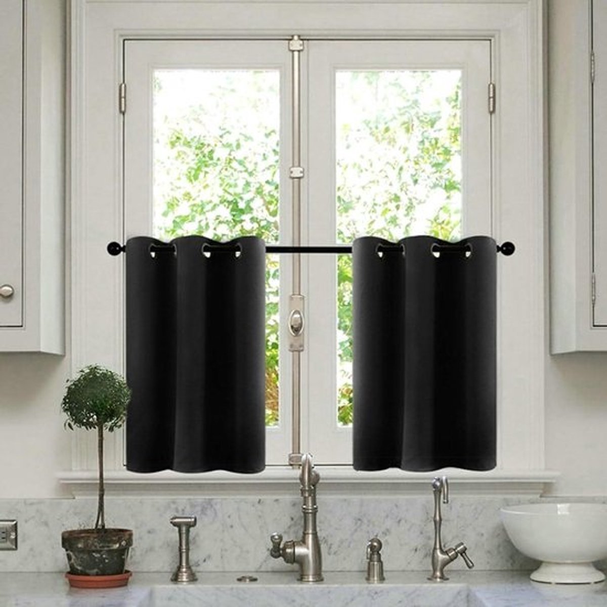 Vitrage Gordijnen - Korte Gordijnen Keuken - Privacy Creëren - Met Oogjes - 86 x 915 cm - Zwart