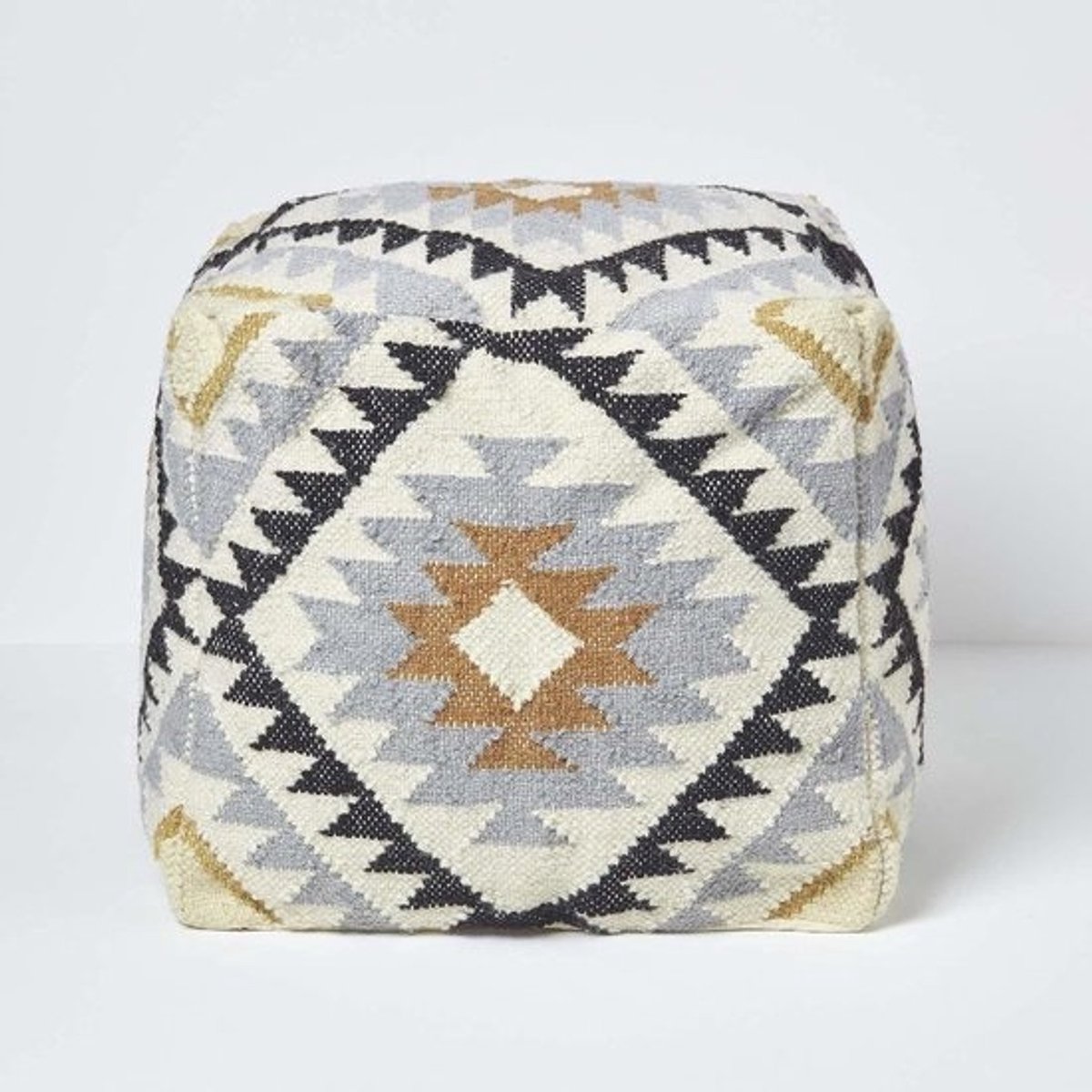 Handgeweven Poef - Voetenbank Zetel - Extra Zitplaats - Traditioneel Kilim Design - 43 x 43 cm - Zwart Goud