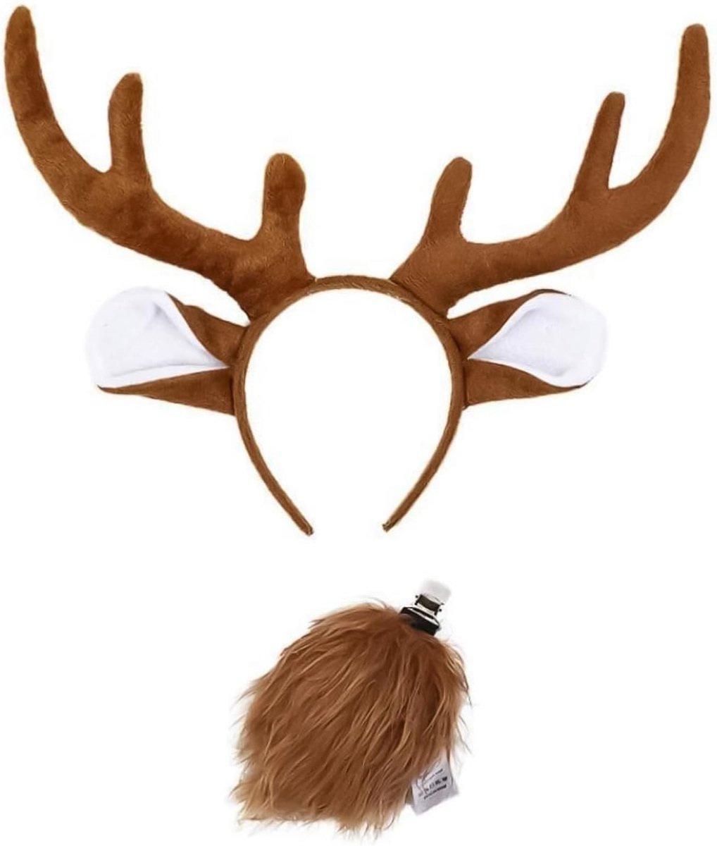 Set van 2 Stuks Rendier Cosplay Kostuum met Hoofdband en Staart - Schattige Dieren Fancy Dress Accessoires voor Feestdagen en Verkleedpartijen