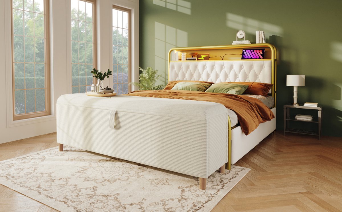 Wishdor Bedbank met opbergruimte - Cordstof en houten poten - Hydraulische opbergruimte - Beige - Slaapkamer hal woonkamer - Voor volwassenen - 175 x 38 x 46 cm