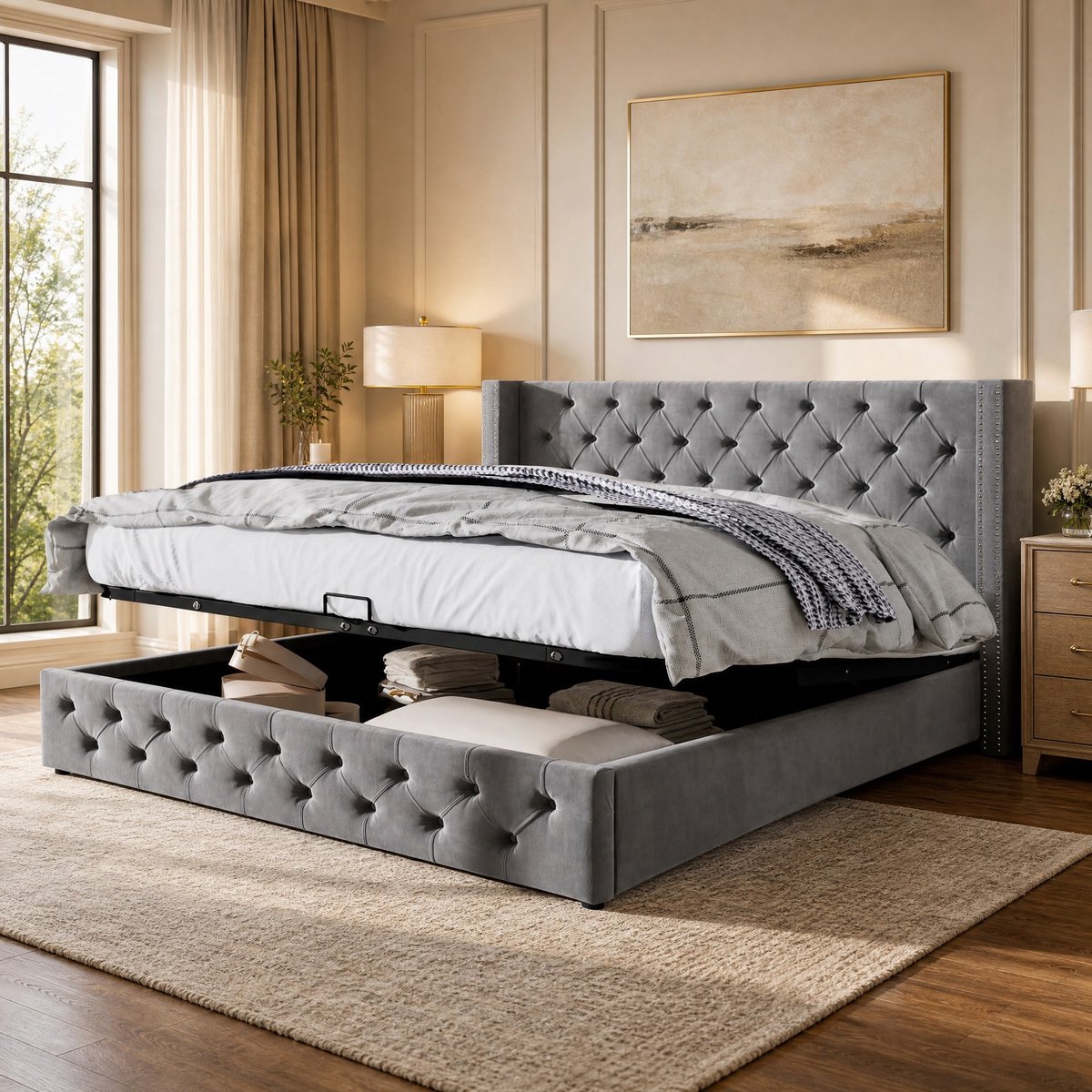 REDOM- Bed - Hydraulische opbergruimte - Chesterfield hoofdbord met knopen en klinknagels - Lattenbodem - Slaapkamer - Hout met staal en stof - Grijs - 160 x 200 cm