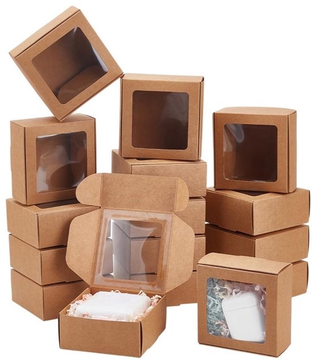 Papieren Cadeaudozen - Bruine Doosjes - Kleine Ambachten Verpakken - Met PVC Venster - 9.2 x 9.2 x 4 cm