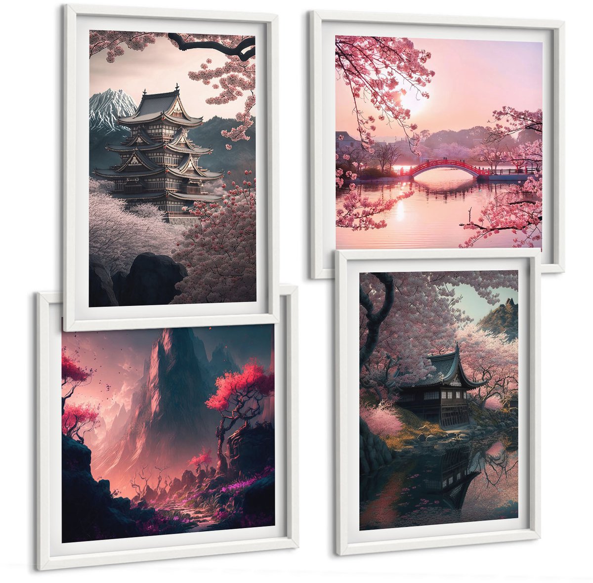 Wallfluent 4-Delige Schilderij Set - Fantasielandschappen Van Japan Berglandschappen - 40 x 40 En 40 x 60 - Wanddecoratie - Schilderijen Set - Kantoor - Interieur Decoratie