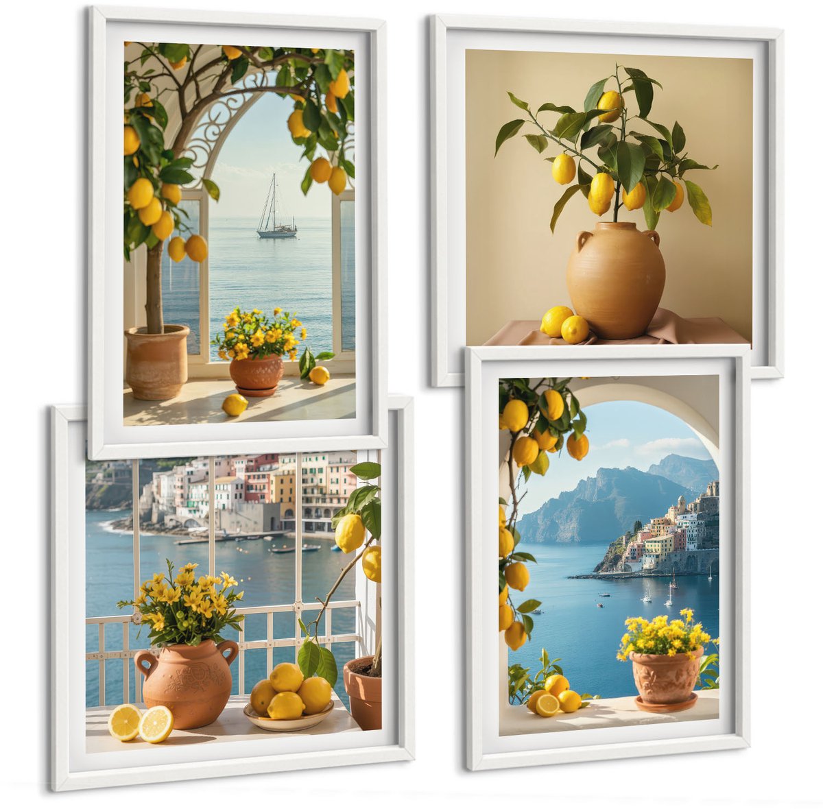 Wallfluent 4-Delige Schilderij Set - Citroenen En Bloemen In Potten In Een Kustplaats - 40 x 40 En 40 x 60 - Schilderijen Set - Wanddecoratie - Woonkamer - Stijlvolle Muurdecoratie