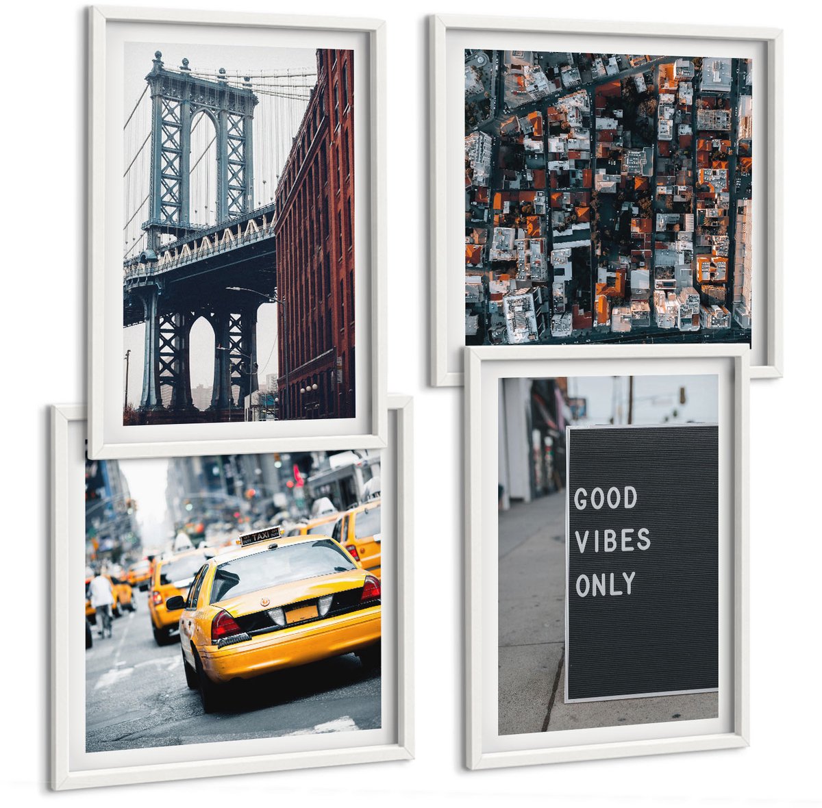 Wallfluent 4-Delige Schilderij Set - Brug In De Stad. Opschriften Op Straat. Luchtfoto. - 40 x 40 En 40 x 60 - Decoratieve Schilderijen - Wanddecoratie - Hal - Stijlvolle Muurdecoratie