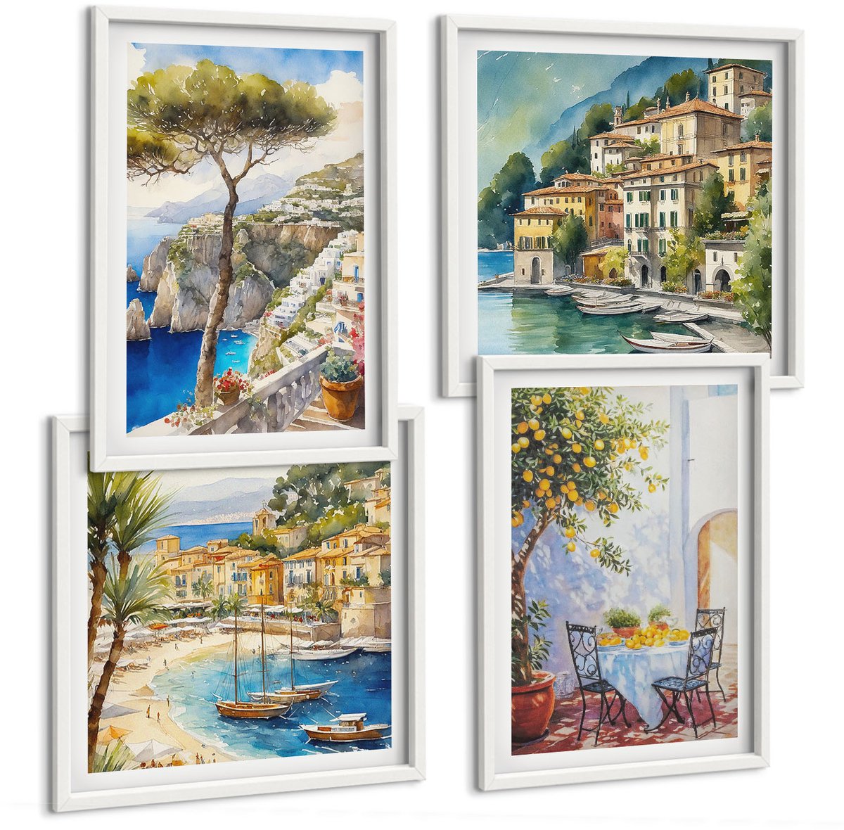 Wallfluent 4-Delige Schilderij Set - Italiaanse Kustplaatsen In Aquarelstijl - 40 x 40 En 40 x 60 - Wanddecoratie - Muurdecoratie - Moderne Interieurdecoratie - Stijlvolle Muurdecoratie