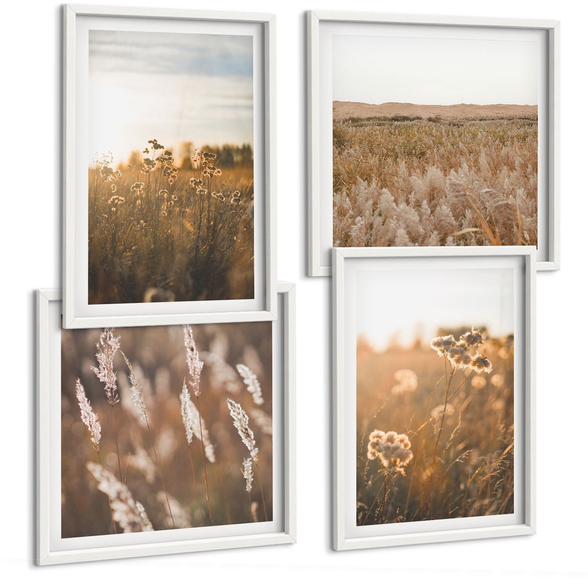 Wallfluent 4-Delige Schilderij Set - Zomerse Uitzichten Op Weilanden En Bloemen Bij Zonsondergang - 40 x 40 En 40 x 60 - Muurdecoratie - Schilderijen Set - Woonkamer