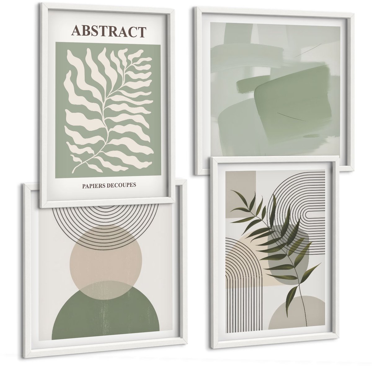Wallfluent 4-Delige Schilderij Set - Botanische Abstracte Vormen In Boho-Rustieke Stijl - 40 x 40 En 40 x 60 - Wanddecoratie - Schilderijen Set - Interieur - Woonkamer Decoratie