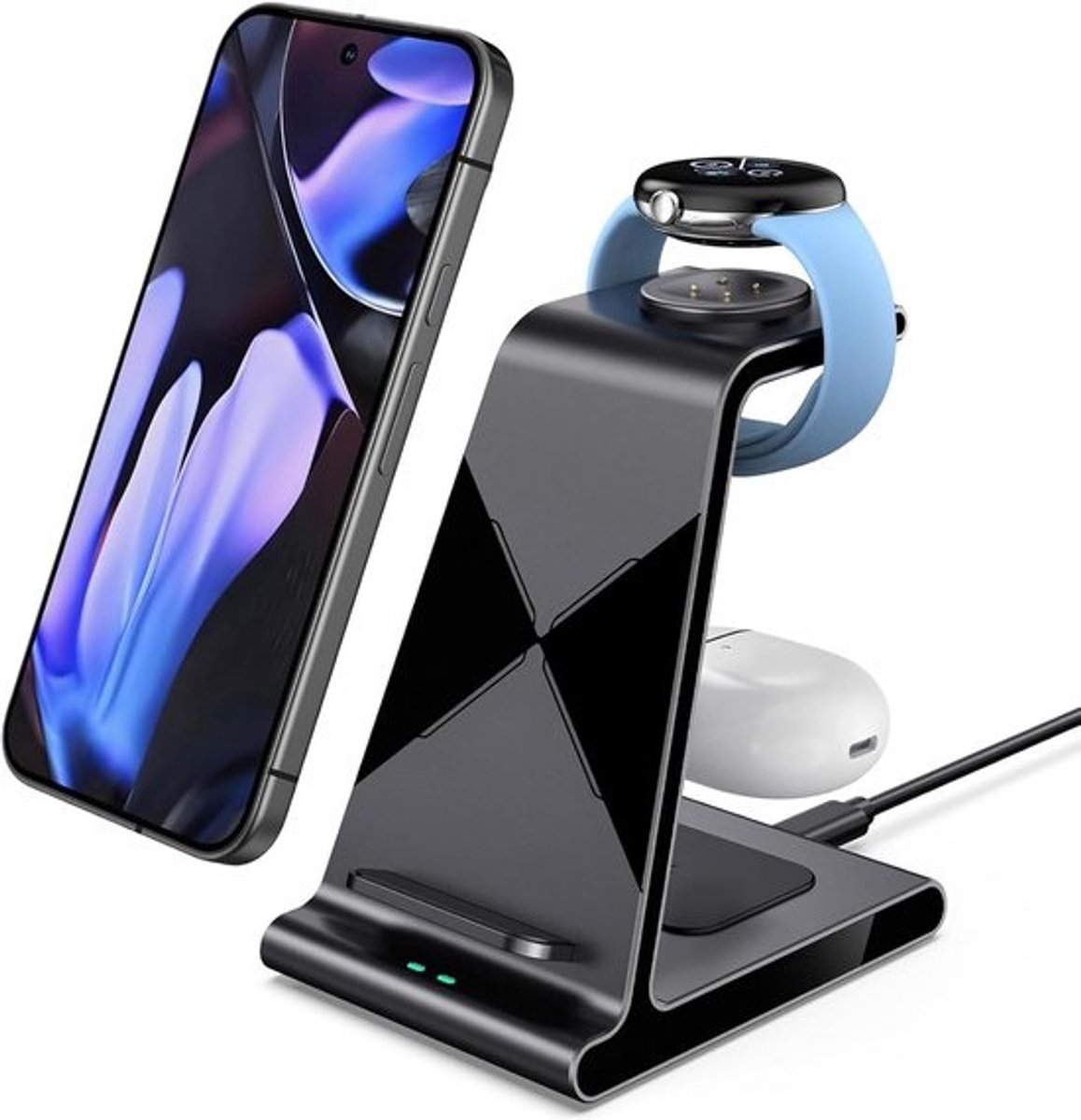 3-in-1 Draadloos Oplaadstation voor Horloge, Telefoon en Oordopjes