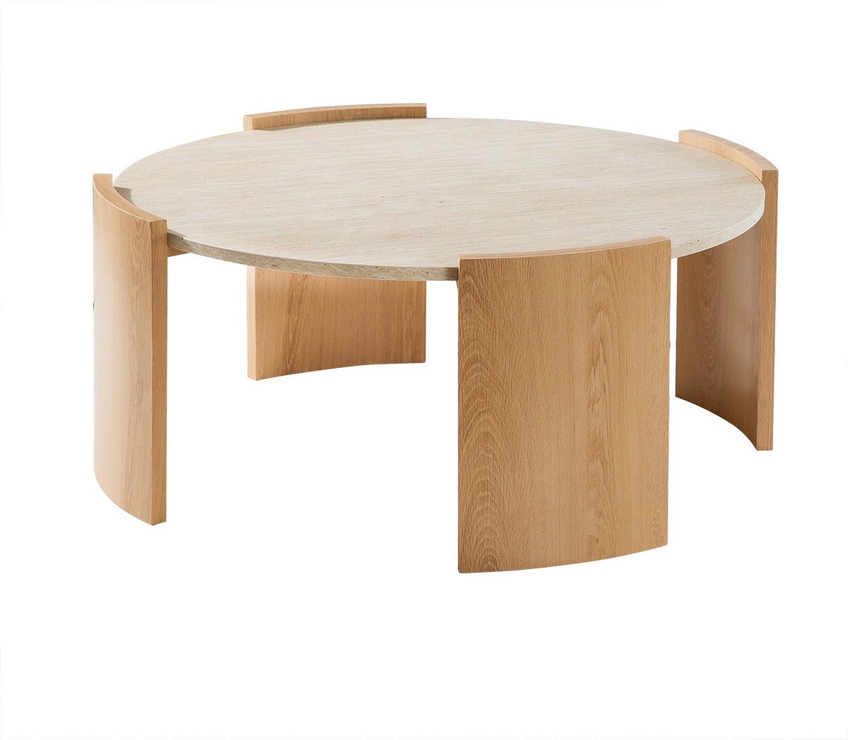 CALICOSY - Ronde salontafel met blad in travertinlook en poten in houtlook Ø80 cm - IZIA