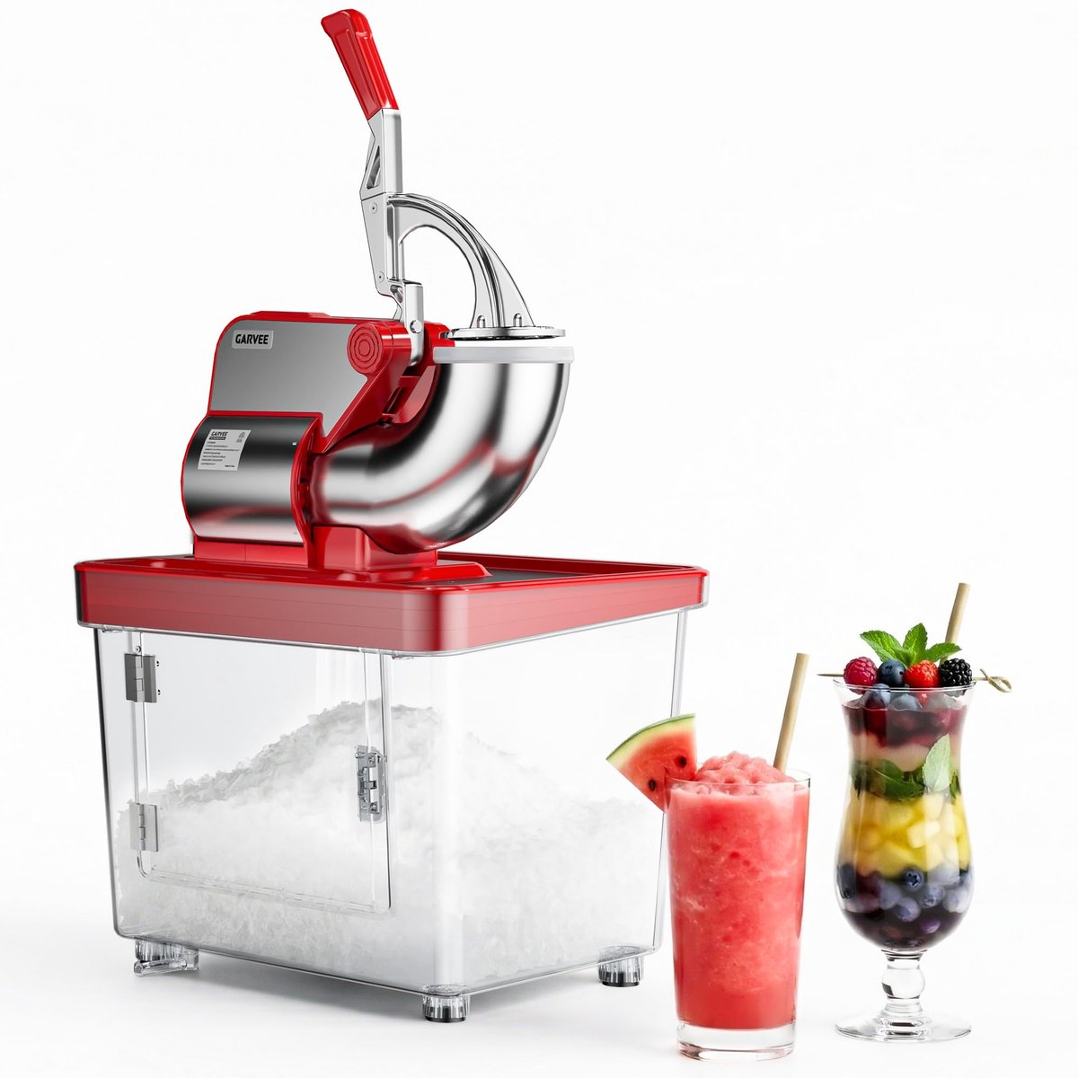 Elektrische IJscrusher - 300kg/u - IJsrasp - Professionele Schaafijsmachine met 300W Motor En 1450RPM - 4 RVS Messen - 34L Reservoir - Veiligheidsschakelaar - Voor Thuis En Horeca - Rood
