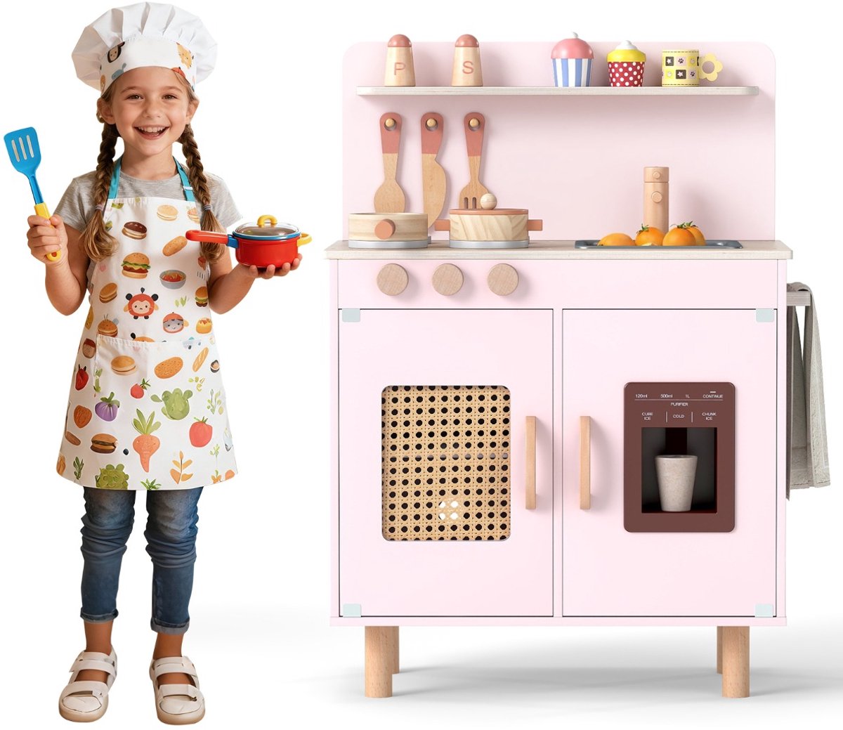 SureDeal® - Rollenspell - Speelkeuken - Kinderen Houten Keuken - Realistische Ijsmachine Fornuis - 52x31,5x73 cm - Roze