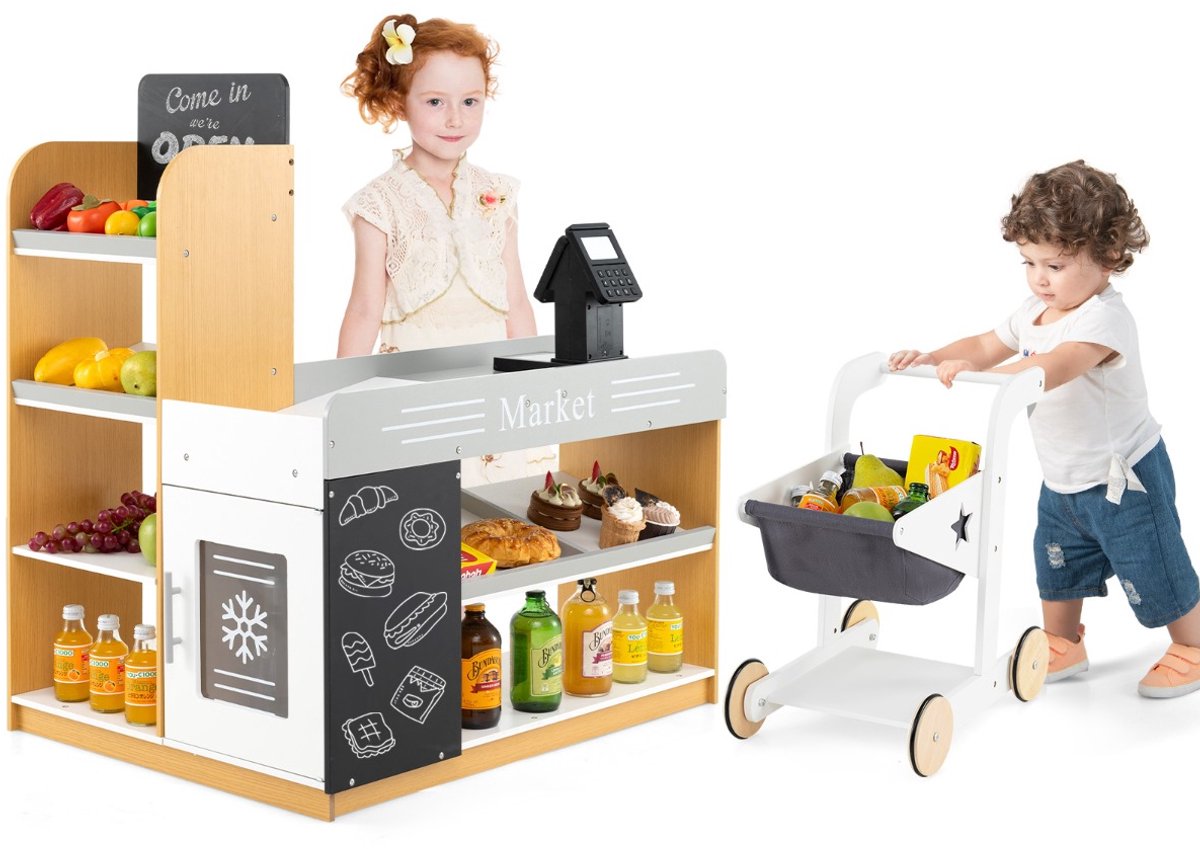 SureDeal® - Rollenspell - Houten Supermarktset - Kinderen - Winkelkarretje Schoolborden Kassa - Uitstalplanken - 80x60x35 cm - Wit