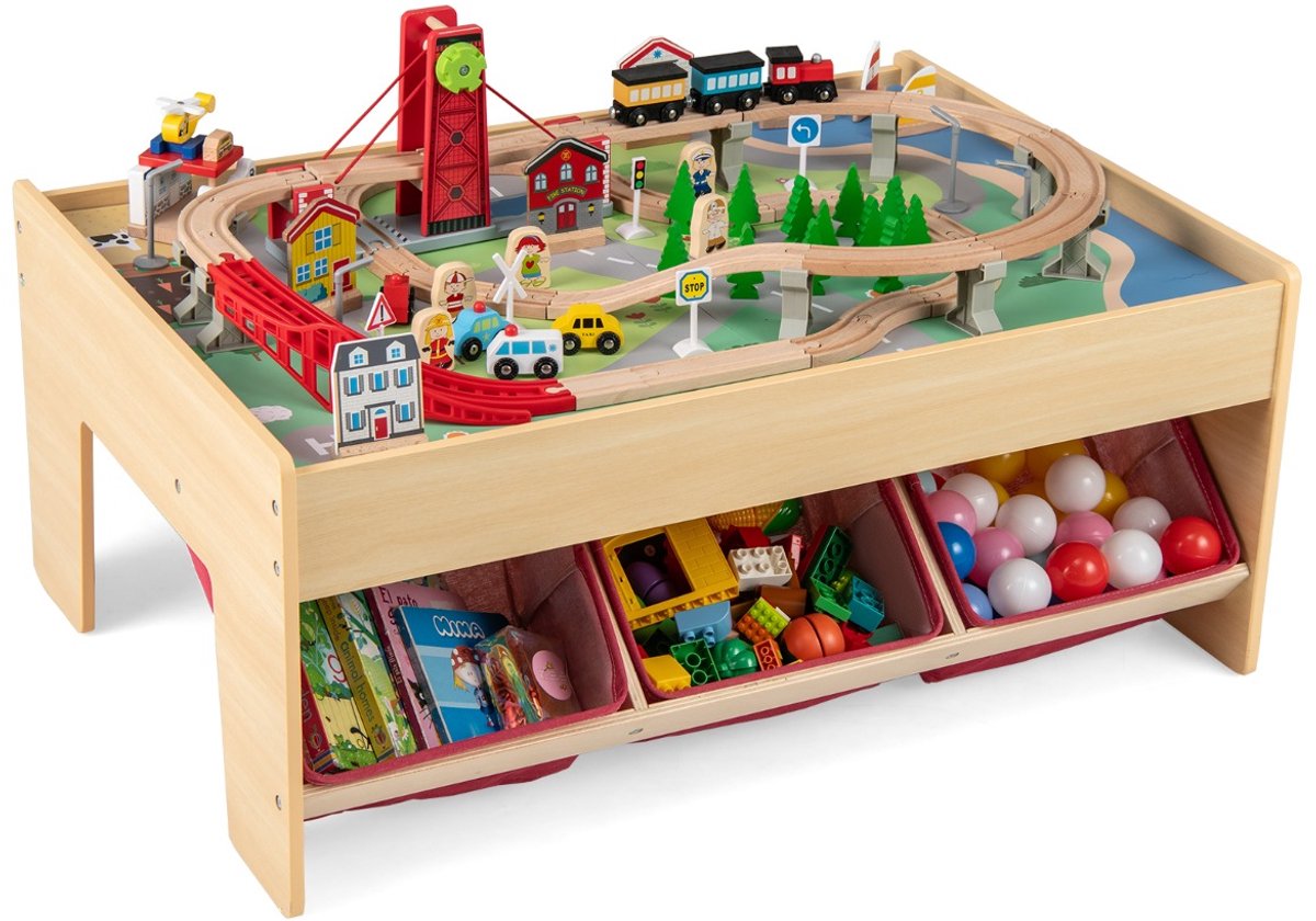 SureDeal® - Speelkamer - Houten Treinset Tafel - Kinderen - Omkeerbare Tafelbladen Kleurrijk - 92x64x40 cm - Rood