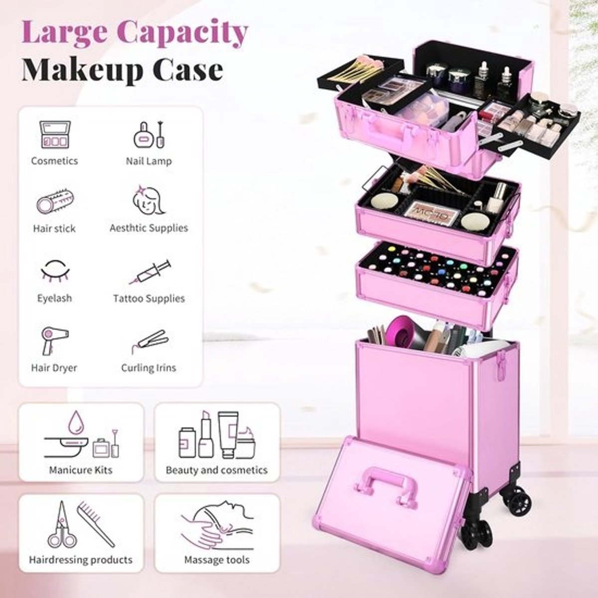 Make-up Koffer - Cosmetica Trolley - Professioneel Gebruik - 5-in-1 Modulair - Verstelbare Stang - Roze