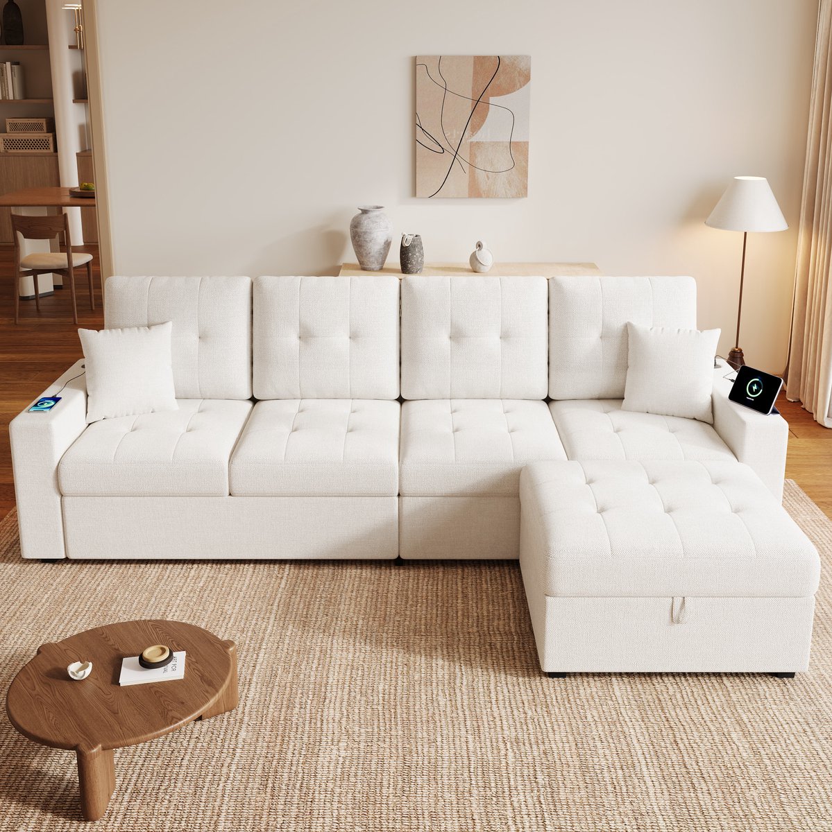 MODENUIT Hoekbank 253 cm - L-vormig met opberghocker, USB, Type-C en LED - Voor Woonkamer - Linnen - Beige
