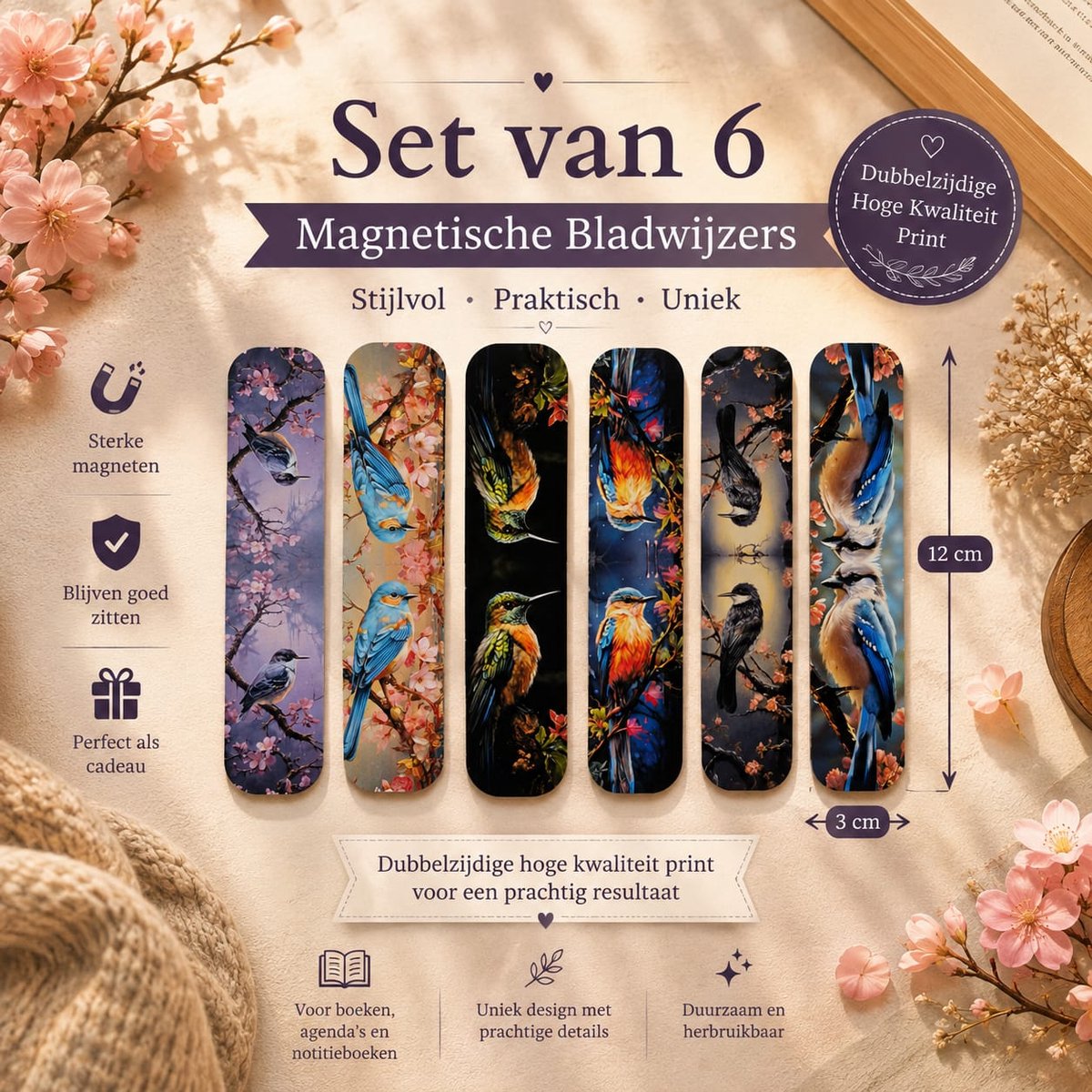 Magnetische Boekenleggers Vogels Set van 6 Verschillende Designs - Dubbelzijdige Print - 12 x 3 cm - Voor Boeken, Agenda's en Notitieboeken