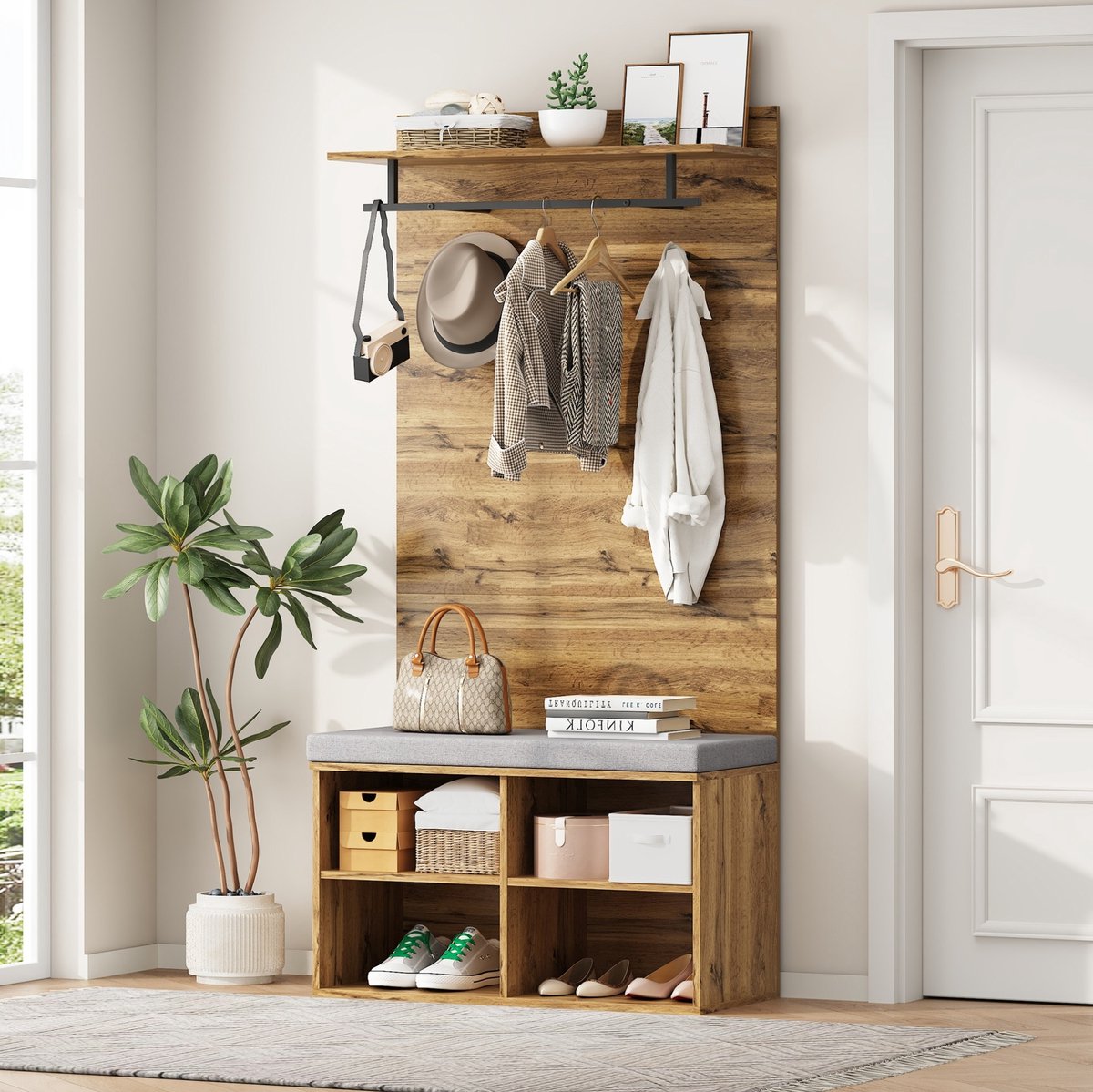 Wishdor Kledingrek - Verstelbaar en compact - Met schoenbank, hangstang en haken - Eikenlook - Hal entree garderobe - Bewerkt hout - Eiken - 84 x 35 x 175 cm