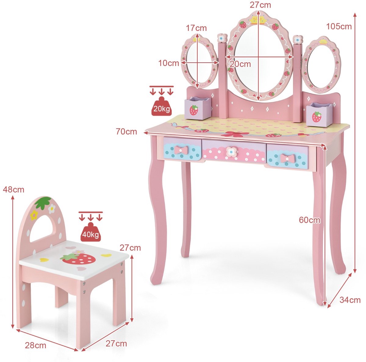 SureDeal® - Kaptafel - Drievoudige Spiegel Kinder - Stoel - Lades Opbergdozen Make - Kinderen Roze - 70x34x105 cm - Roze