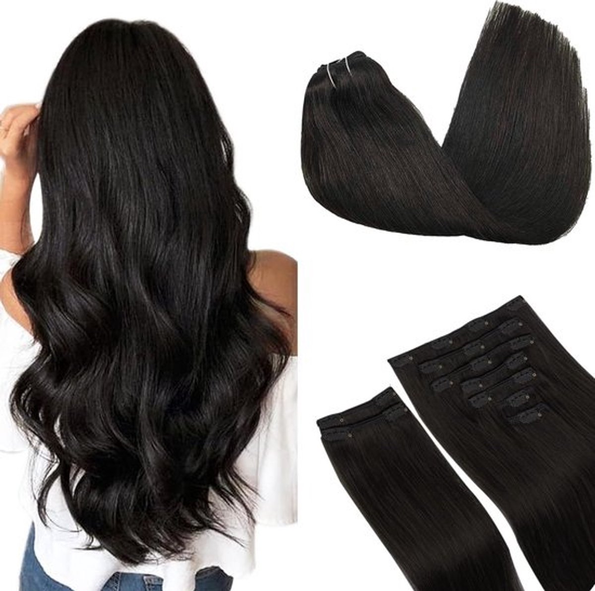Echte Haar Clip-in Extensions Set 50 cm 150g 9 Delig - Volumenrijk en Steil Zwart (1B)