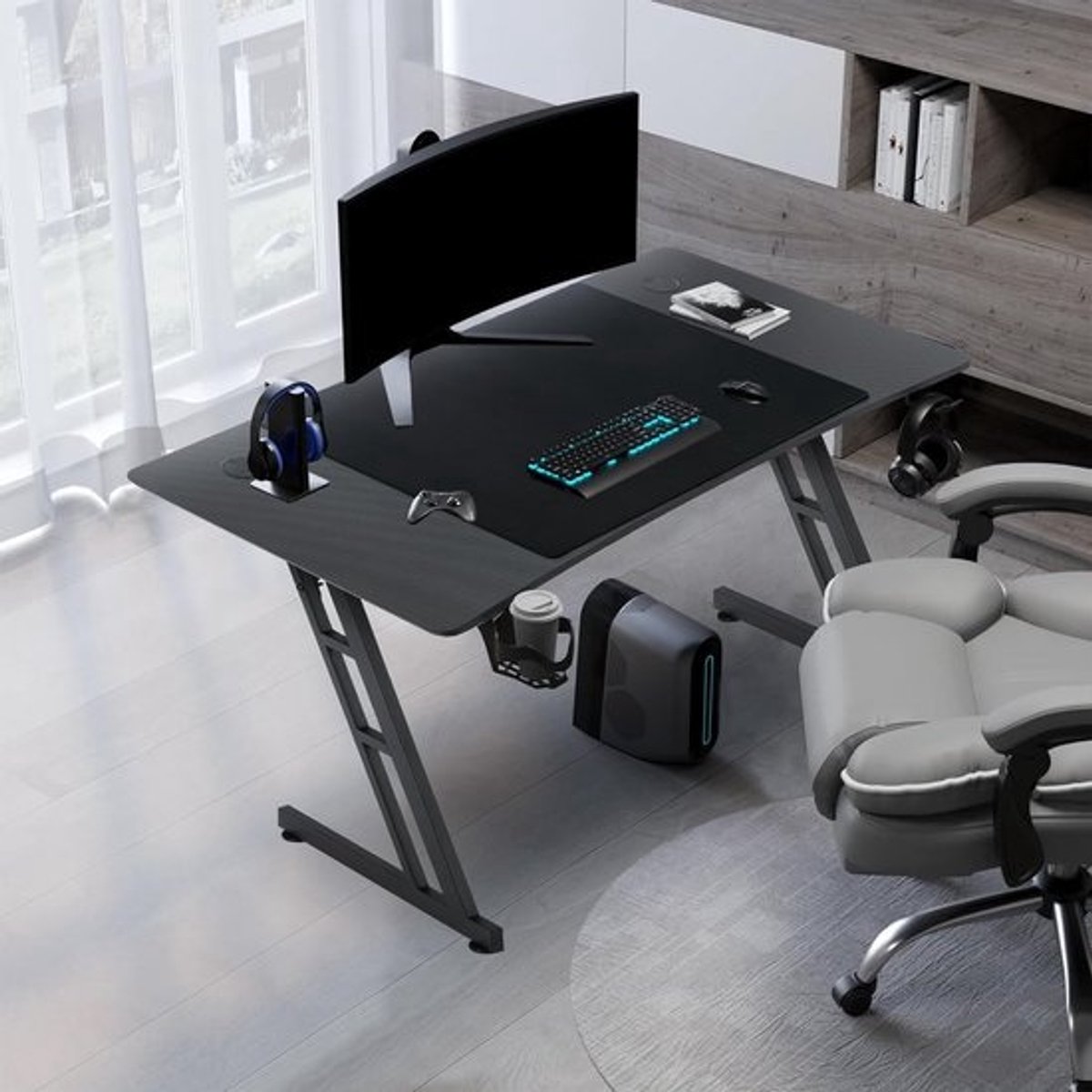 Gamingtafel 140 x 60 cm met koolstofvezeloppervlak en hoofdtelefoonhaak