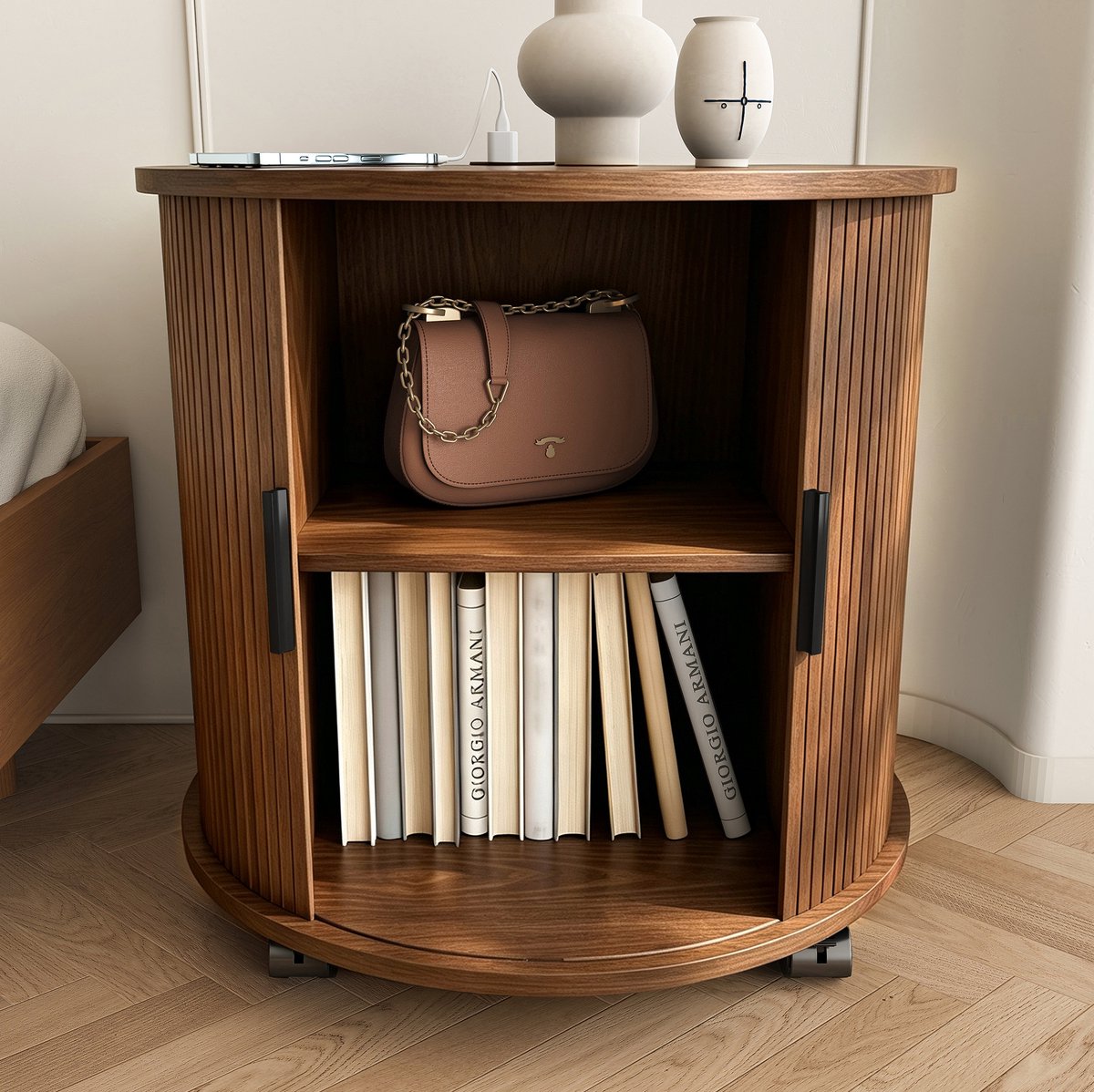 MODFU-Bedtafel-Rond-Mid-Century-Houtlook-Met-Opladestation-Walnoot-60 Cm