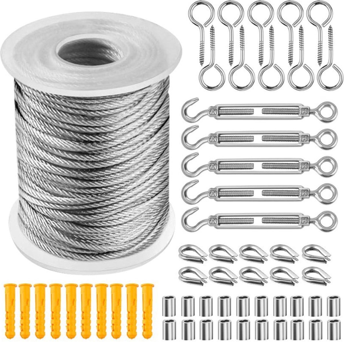 56 stuks staalkabelset - Buitenverlichting geleidedraad - 30M/98FT 304 roestvrijstalen draadkabel - Staalkabel met oogjeshaken - voor Buiten Tuin Keuken - M5 spanschroef staalkabel - Spandraad systeem Voor Klimplanten - Waslijn