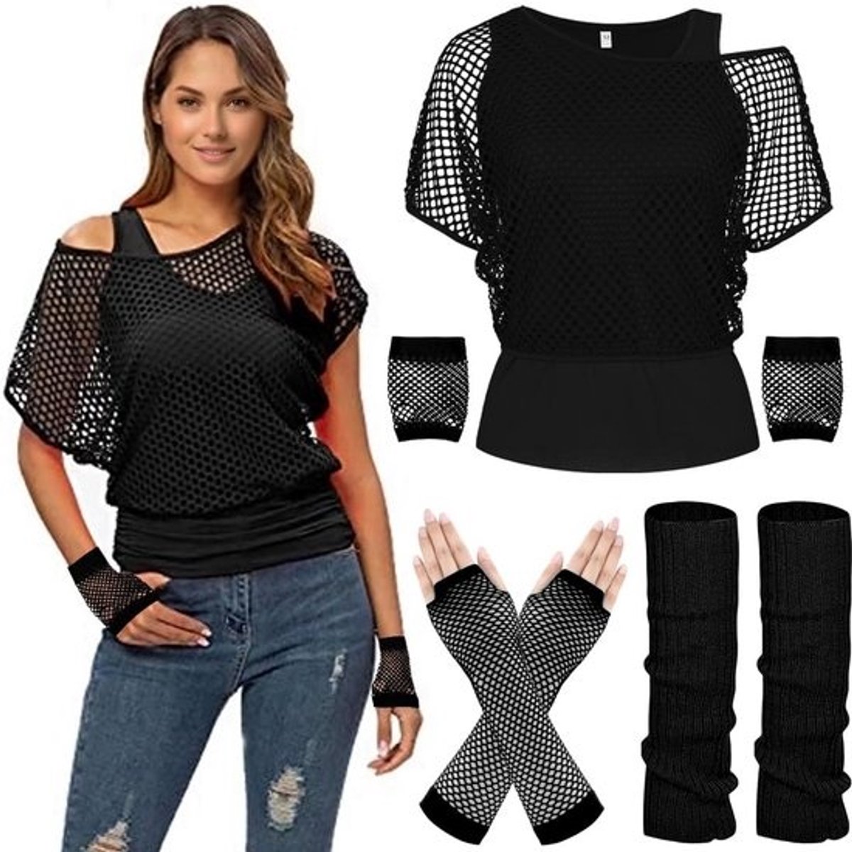 Compleet Jaren 80 & 90 Outfit Dames: Netshirt, Legwarmers en Accessoires voor Feest