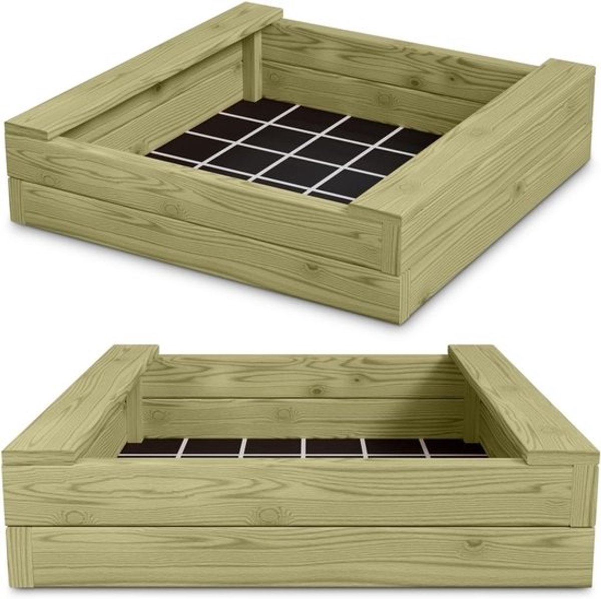 Massieve Houten Zandbak Beer 150x150 cm, Geïmpregneerd Grenenhout met Zitplanken en Grondzeil