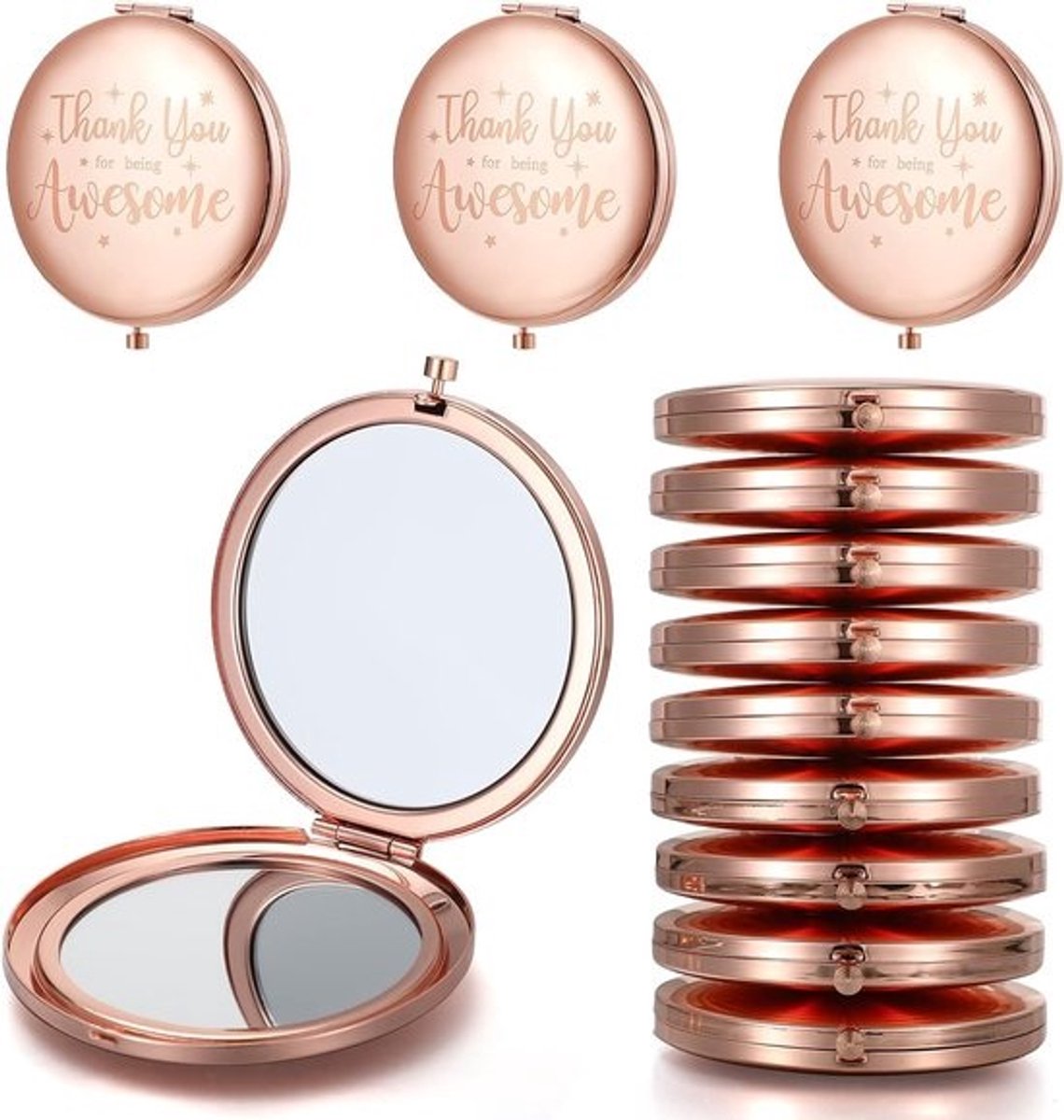 Compacte Make-up Spiegel - Draagbare Zakspiegel - Make-up Aanbrengen - Dubbelzijdig Vergrotend - 7cm Diameter - Roségoud