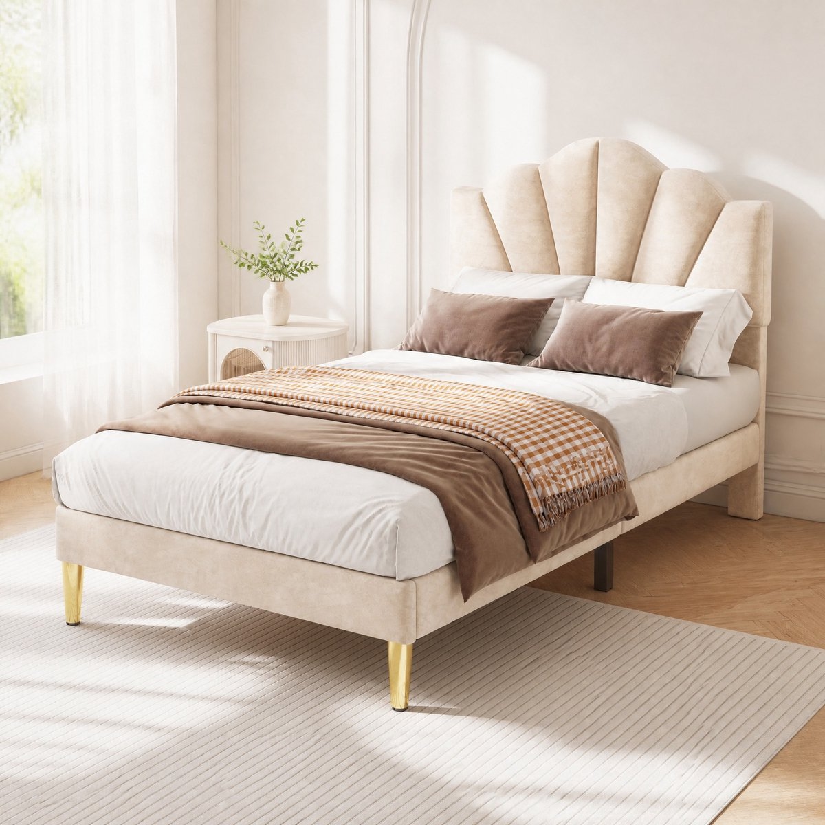 Wishdor Bed 90x200 cm - Verstelbaar hoofdeinde - Met opbergruimte en lattenbodem - Scandinavische stijl - Slaapkamer volwassenen - Beige velvet - 95 x 205 x 120/130 cm