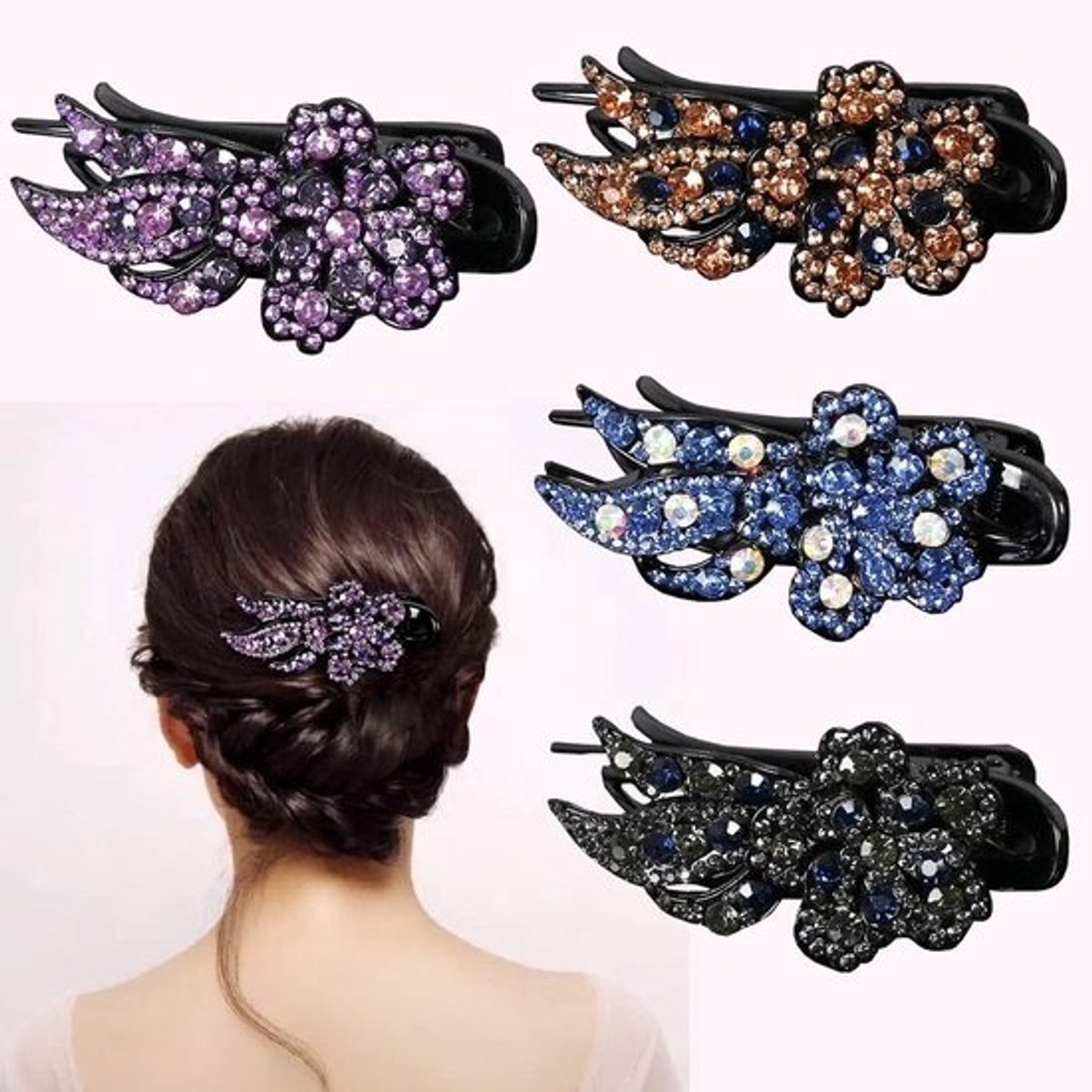 Set van 4 Elegante Bloemen Haarclips met Strass Steentjes - Decoratieve Haarklemmen