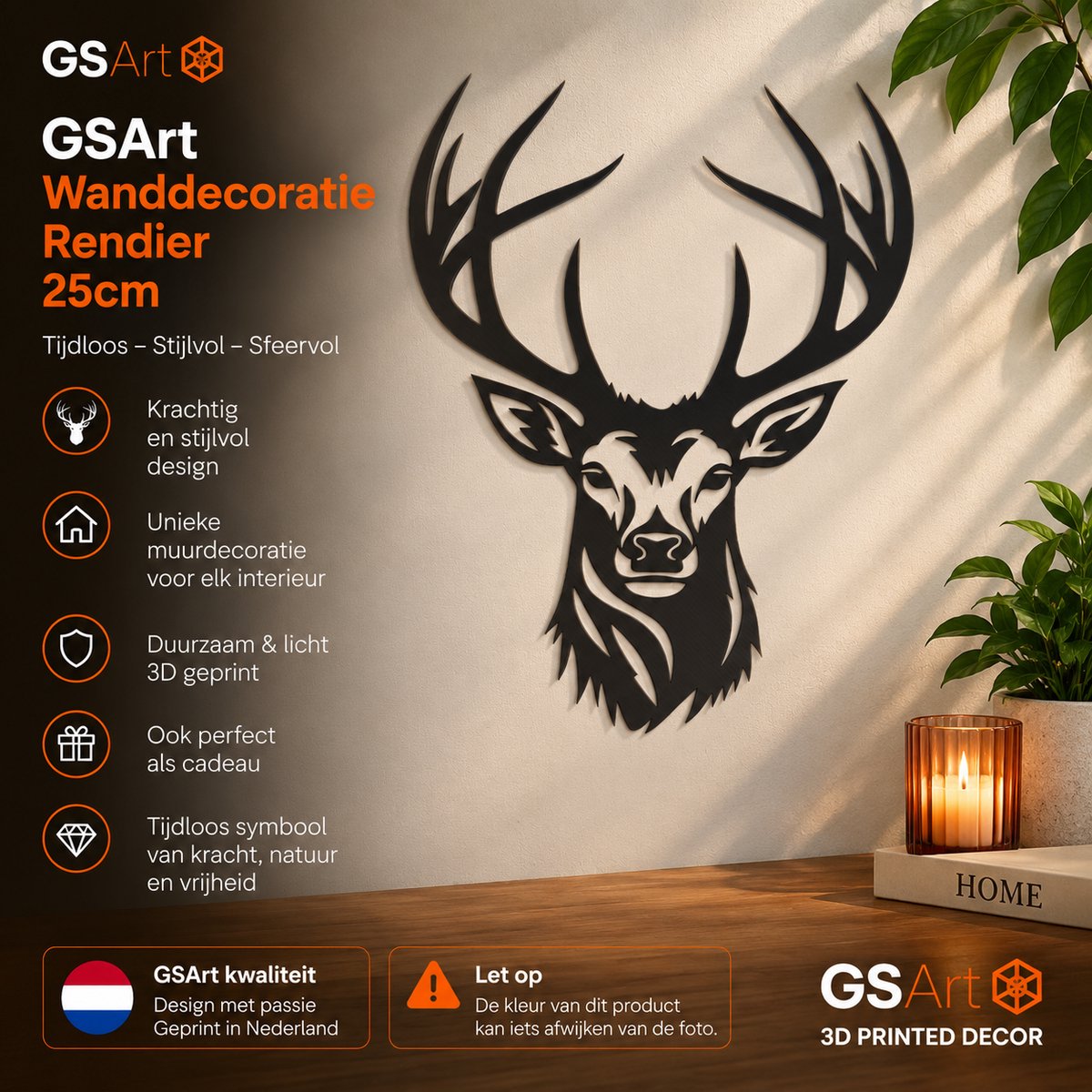 GSArt Wanddecoratie Rendier 25cm Mat Zwart – Hertenhoofd Muurdecoratie – 3D Geprint