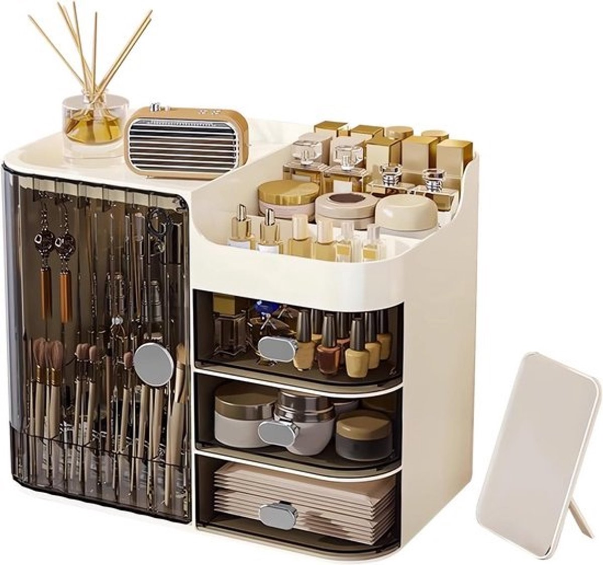Make-up Organizer met Spiegel en 3 Laden - Zwart-Crème