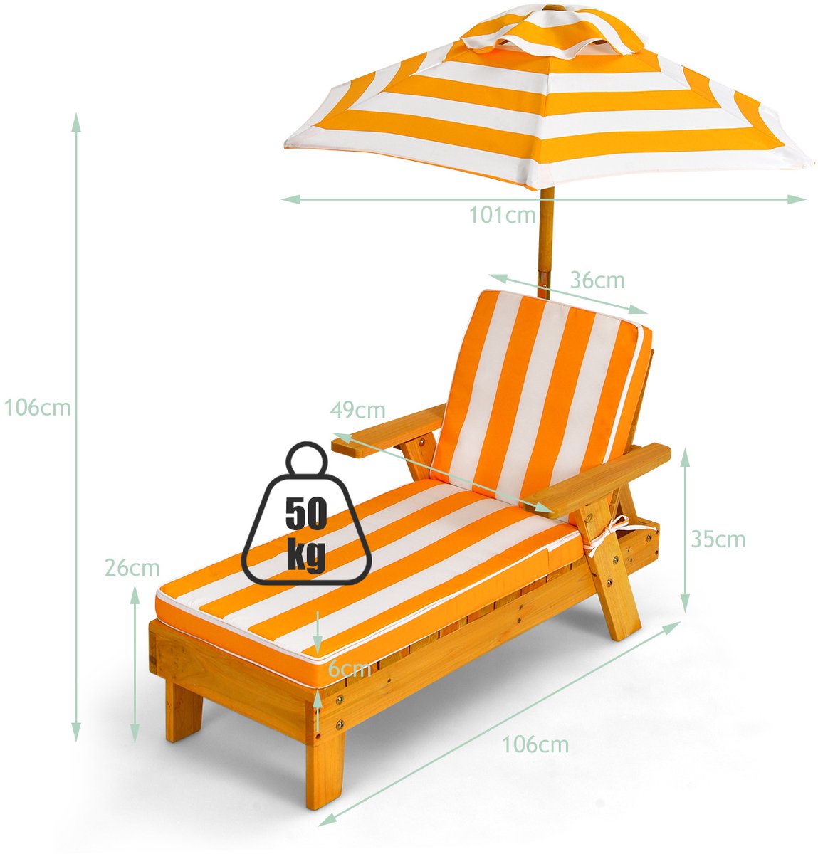 SureDeal® - Ligbed - Kinderligstoel - Parasol Kinderligstoel Hout - Wit - 92x49x106 cm - Geel en Wit