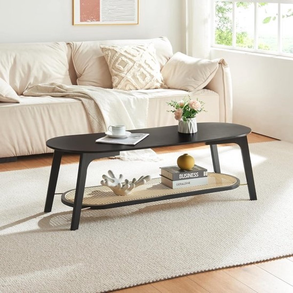 Salontafel met opbergruimte - Bijzettafel ovaal - Woonkamer meubel - Rotan look detail - 120x43x40 cm - Zwart