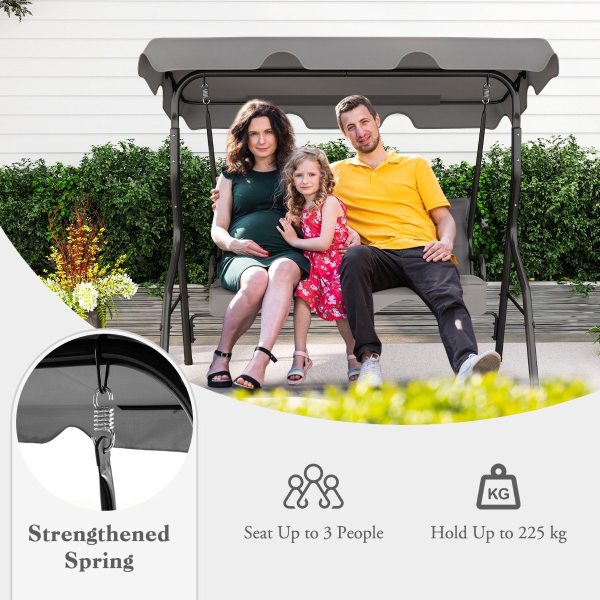 SureDeal® - Schommelbank - Hollywoodschommel - Drie Personen Tuinschommel - Verstelbaar Zonnescherm - 172x110x154 cm - Grijs