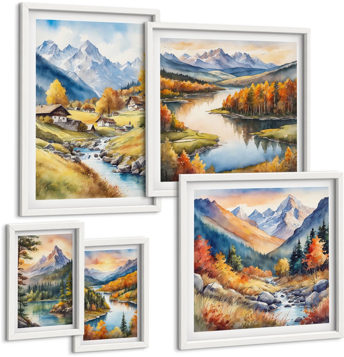 Wallfluent 5-Delige Schilderij Set - Schilderachtige Berglandschappen Met Rivieren En Bossen - 50 x 50 cm, 20 x 30 cm En 40 x 60 cm - Wanddecoratie - Muurdecoratie - Moderne Interieurdecoratie - Decoratieve Schilderijen