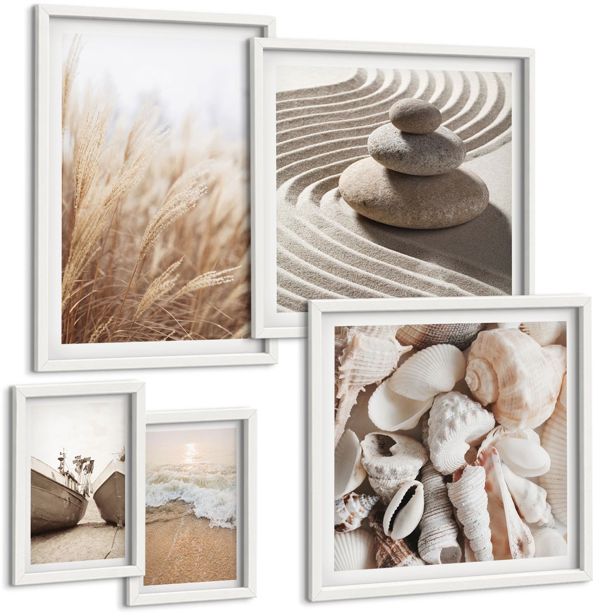 Wallfluent 5-Delige Schilderij Set - Inspiratie Van De Zee Met Schelpen En Strandzand - 50 x 50 cm, 20 x 30 cm En 40 x 60 cm - Muurdecoratie - Interieur Decoratie