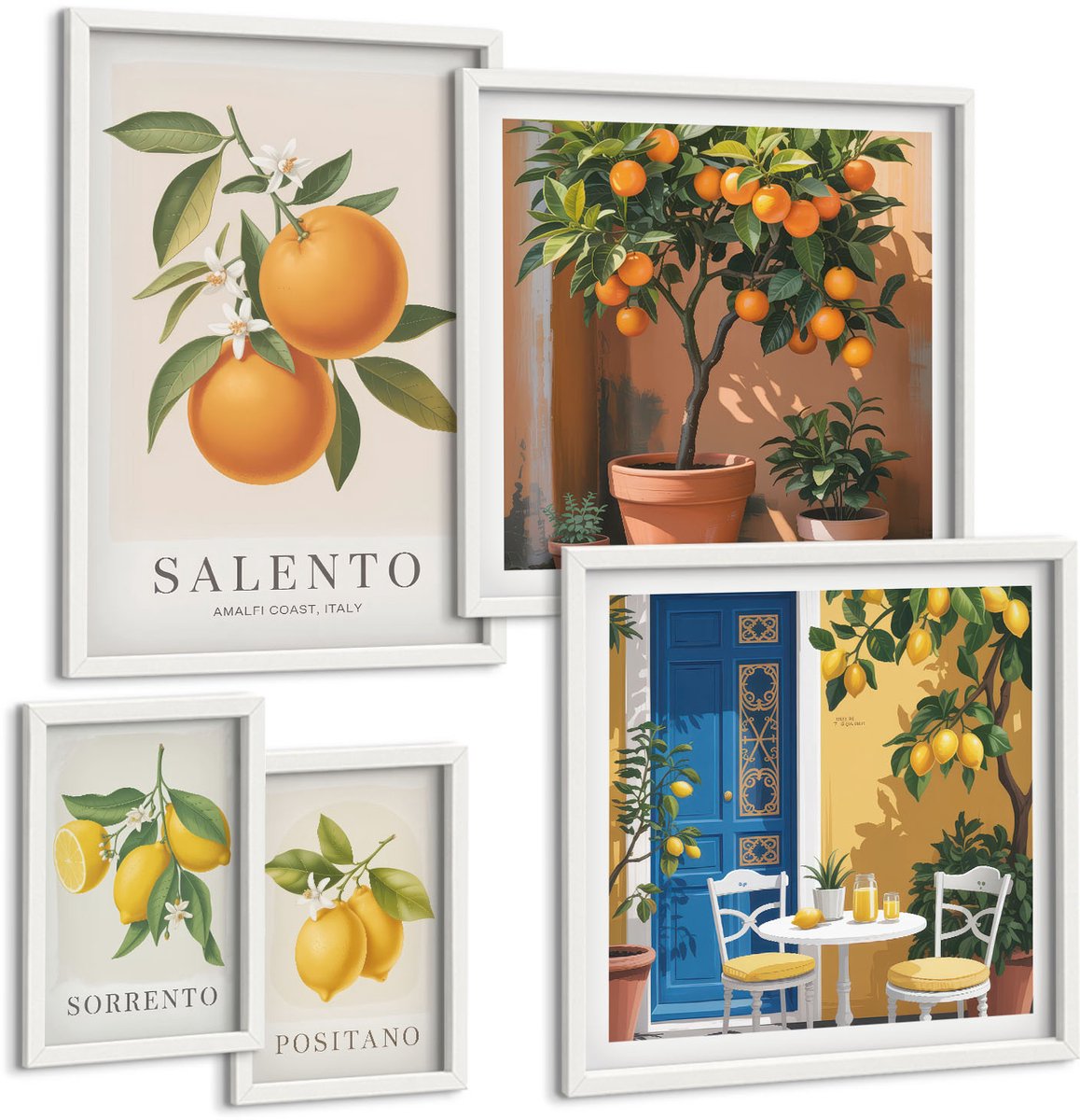Wallfluent 5-Delige Schilderij Set - Fruitinspiratie Uit Italië In Provençaalse En Rustieke Stijl - 50 x 50 cm, 20 x 30 cm En 40 x 60 cm - Stijlvolle Muurdecoratie - Slaapkamer - Interieur Decoratie
