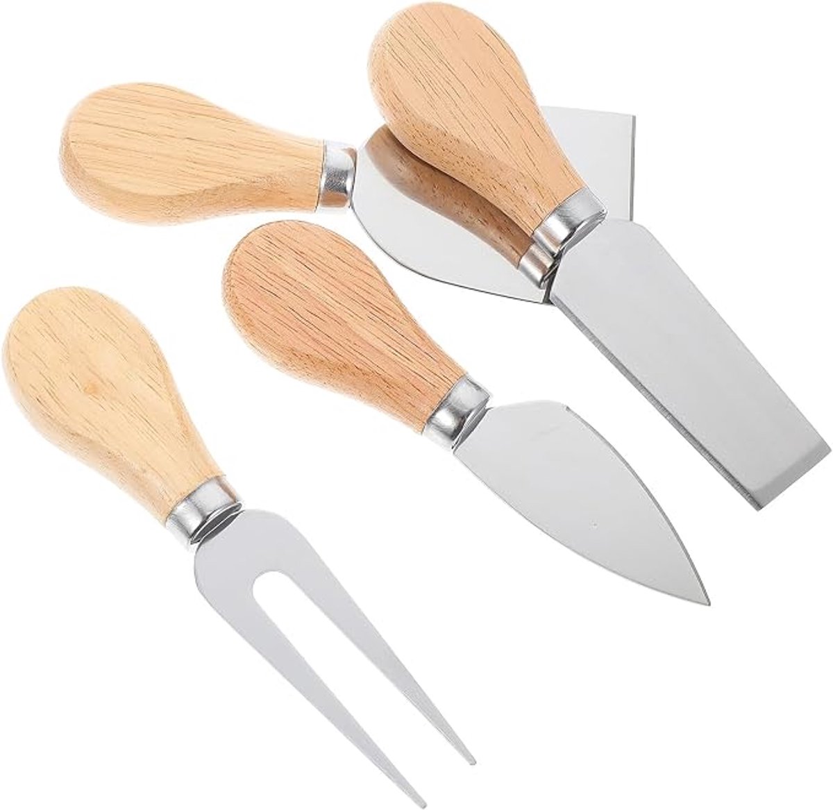 4 stuks‑kaasmes‑houten handgreep roestvrij staal‑keuken boter‑en kaasgereedschap‑kaasschep + kaasvork + harde kaas schep + zachte kaas driehoek schep
