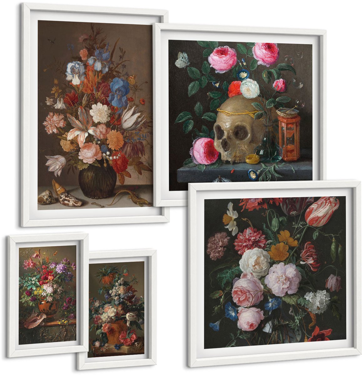 Wallfluent 5-Delige Schilderij Set - Bloemstukken In Klassieke Stijl Met Stillevens - 50 x 50 cm, 20 x 30 cm En 40 x 60 cm - Wanddecoratie - Muurdecoratie - Moderne Interieurdecoratie - Interieur Decoratie