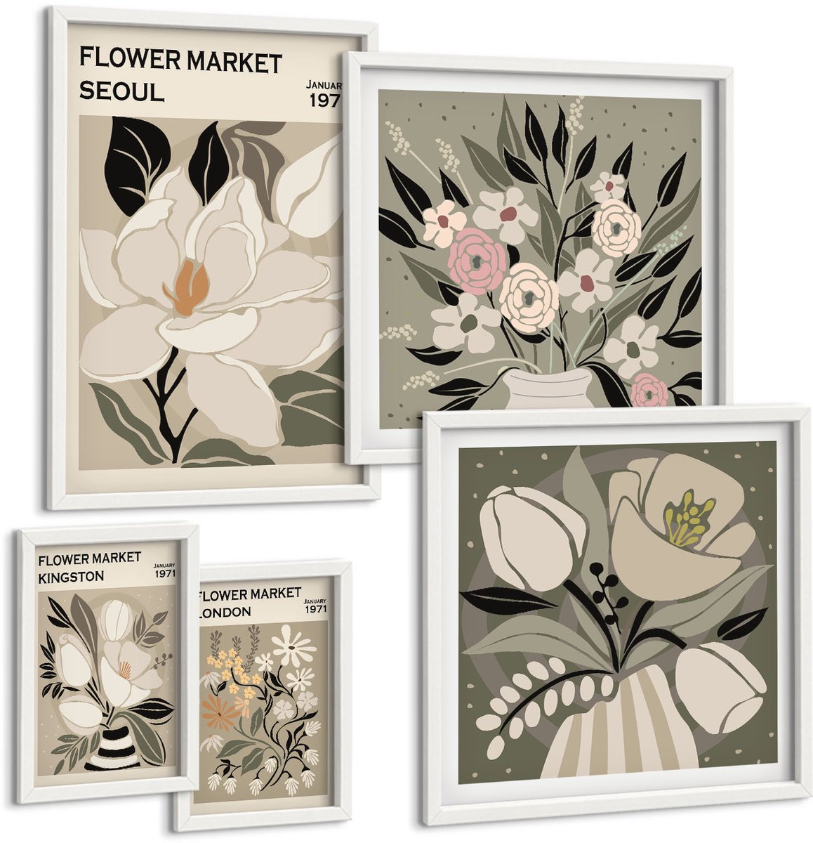 Wallfluent 5-Delige Schilderij Set - Bloemmotieven Van De Markten Van Londen En Seoul - 50 x 50 cm, 20 x 30 cm En 40 x 60 cm - Wanddecoratie - Schilderijen Set - Kantoor - Woonkamer Decoratie