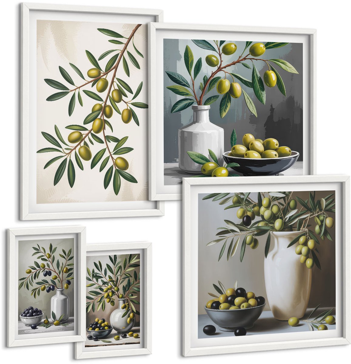Wallfluent 5-Delige Schilderij Set - Olijfgroene Accenten In Rustieke Stijl Voor Interieurs - 50 x 50 cm, 20 x 30 cm En 40 x 60 cm - Muurdecoratie - Decoratieve Schilderijen - Wohnzimmer - Interieur Decoratie
