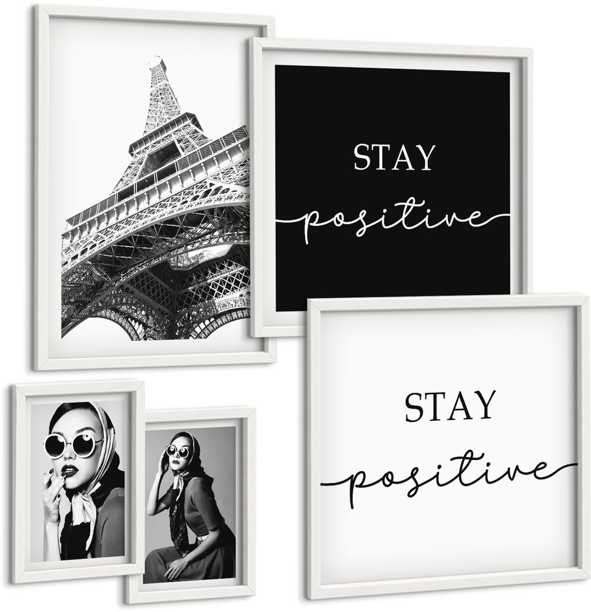 Wallfluent 5-Delige Schilderij Set - Stijlvolle Graphics Met Mode- En Parijse Accenten. - 50 x 50 cm, 20 x 30 cm En 40 x 60 cm - Wanddecoratie - Schilderijen Set - Interieur - Decoratieve Schilderijen
