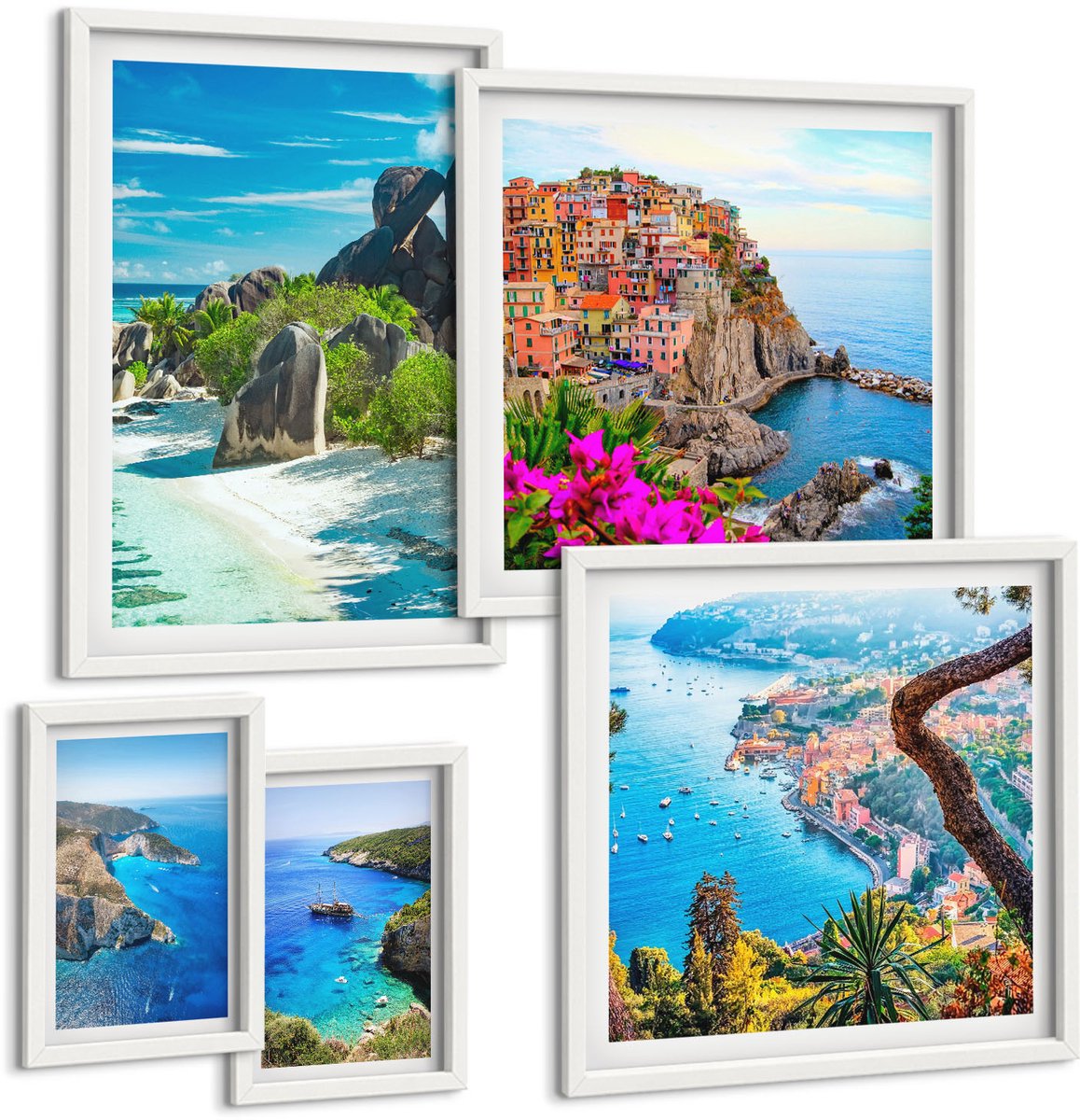 Wallfluent 5-Delige Schilderij Set - Kustlandschappen Met Pittoreske Uitzichten Op De Zee - 50 x 50 cm, 20 x 30 cm En 40 x 60 cm - Muurdecoratie - Wanddecoratie - Hal - Stijlvolle Muurdecoratie