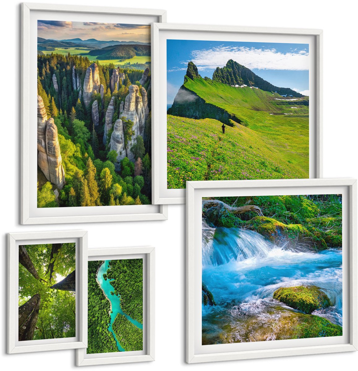 Wallfluent 5-Delige Schilderij Set - Natuurlijke Landschappen, Bergen, Rivieren, Bossen En Watervallen. - 50 x 50 cm, 20 x 30 cm En 40 x 60 cm - Muurdecoratie - Schilderijen Set - Woonkamer