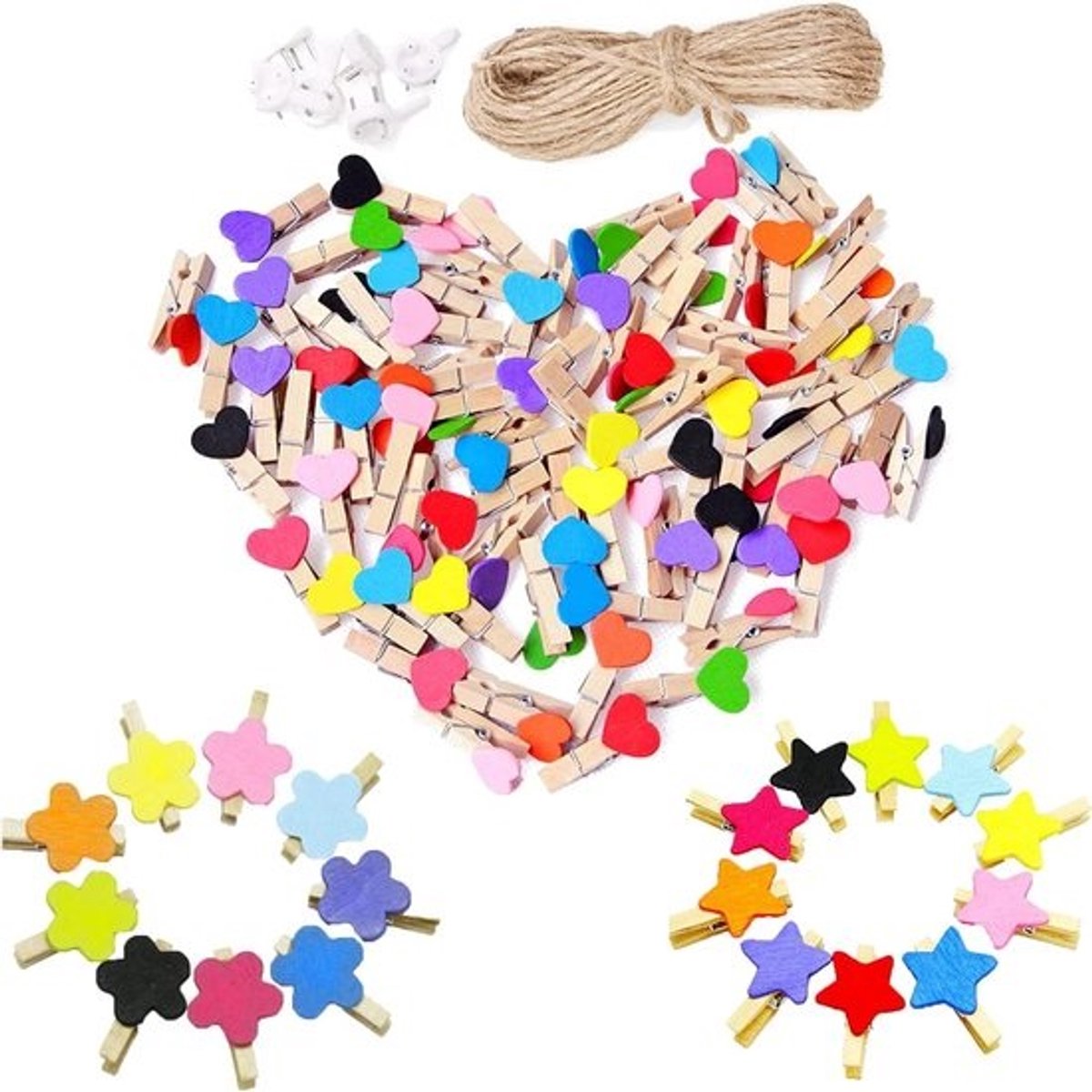 150 Stuks Mini Houten Haringen Hartvorm met Jute Touw en Geen Spoor Nagels voor Bruiloft en Feestdecoratie