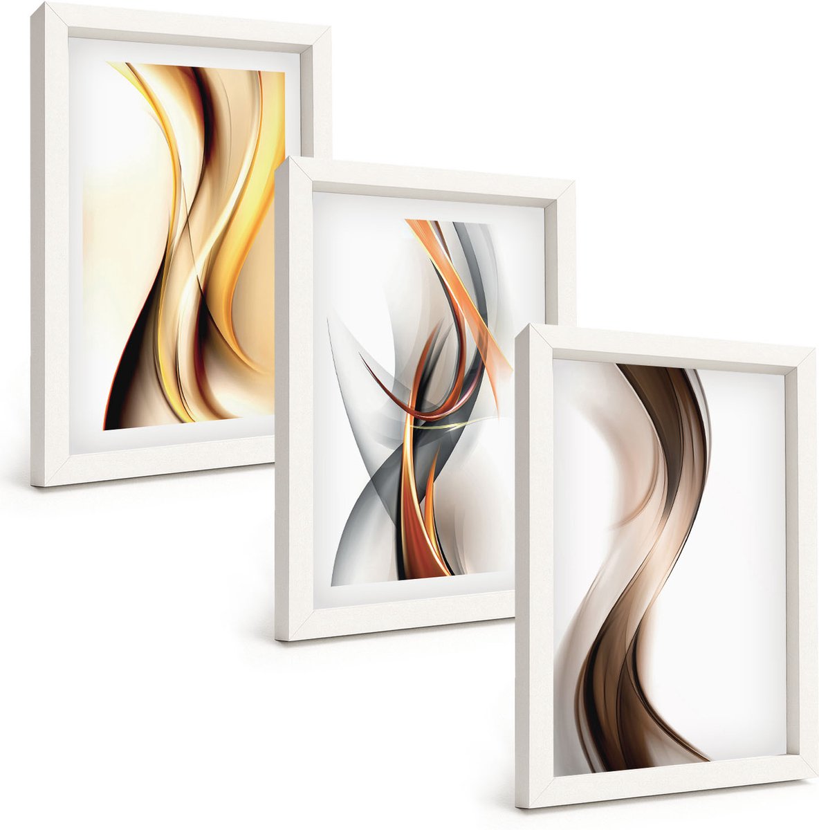 Wallfluent 3-Delige Schilderij Set - Golven In Tinten Geel, Grijs En Bruin. - 20 x 30 - Decoratieve Muurdecoratie - Slaapkamer